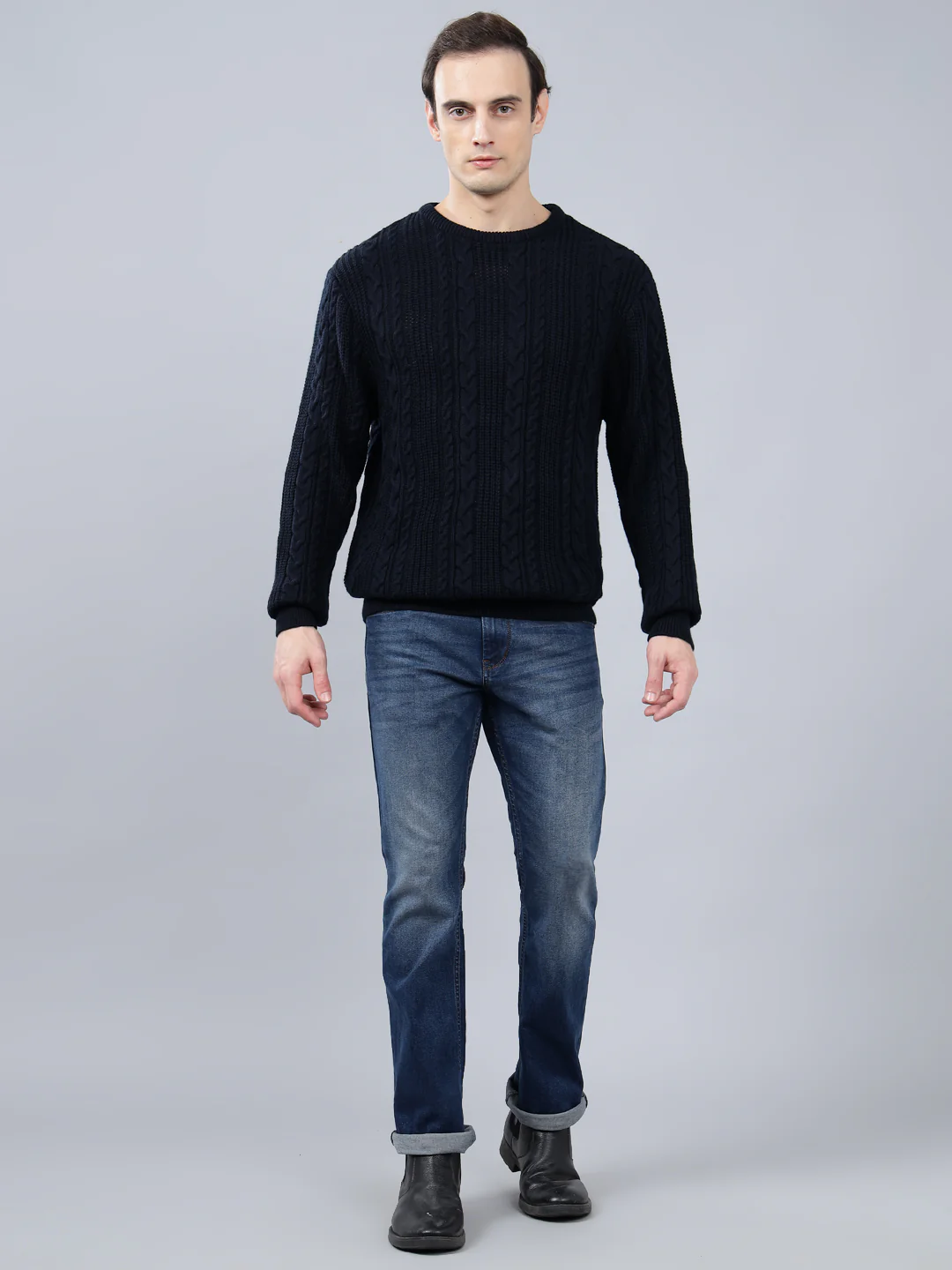 Men's Jacquard Navy Blue Full Sleeve Sweater - Image 4