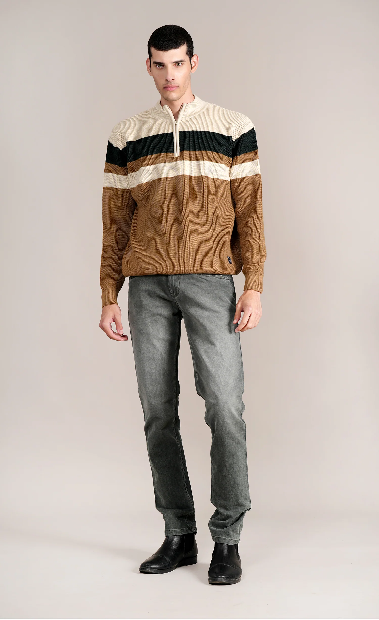 Men's Khaki Colorblock Full Sleeve Sweater - Image 2