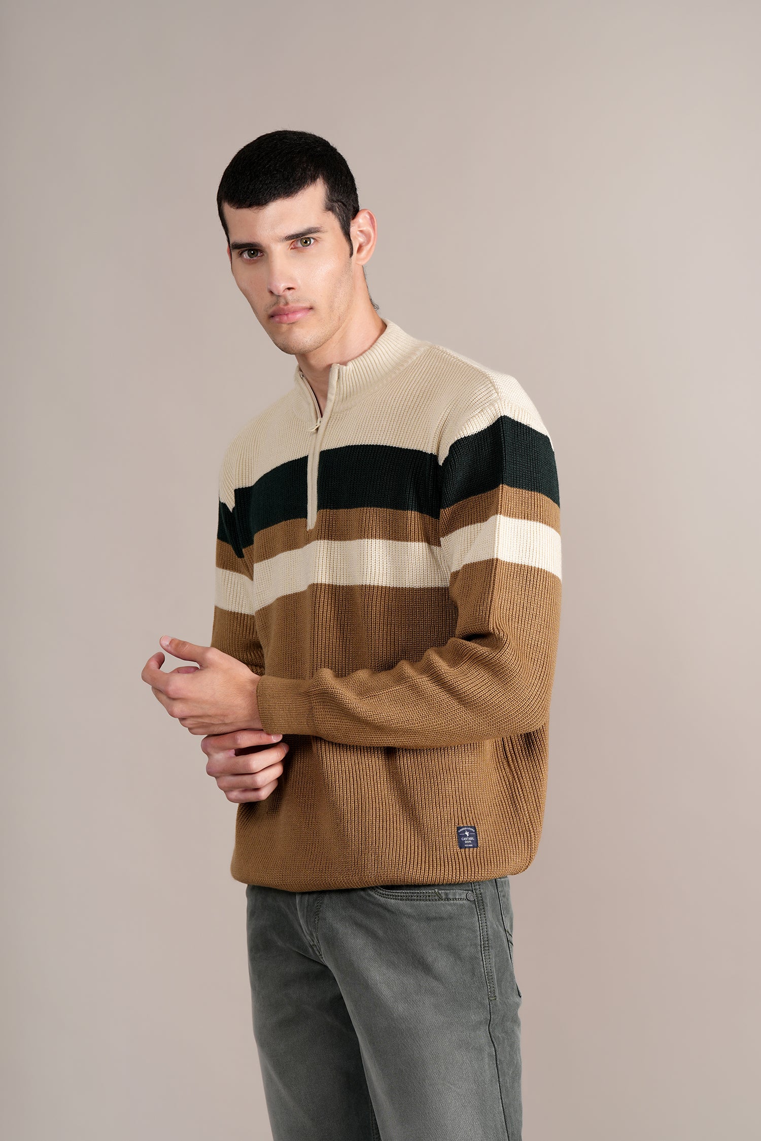 Men's Khaki Colorblock Full Sleeve Sweater - Image 3