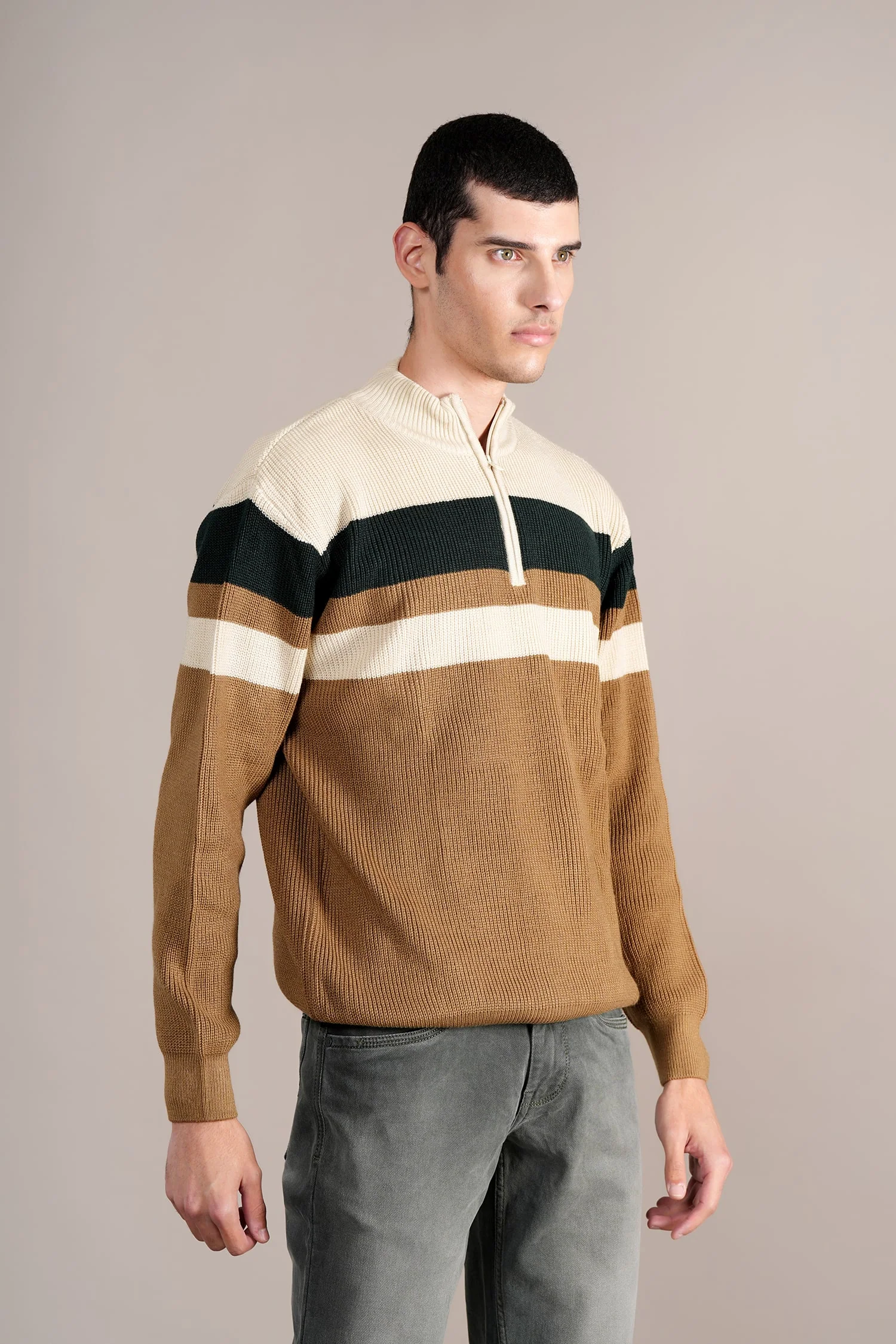 Men's Khaki Colorblock Full Sleeve Sweater - Image 4
