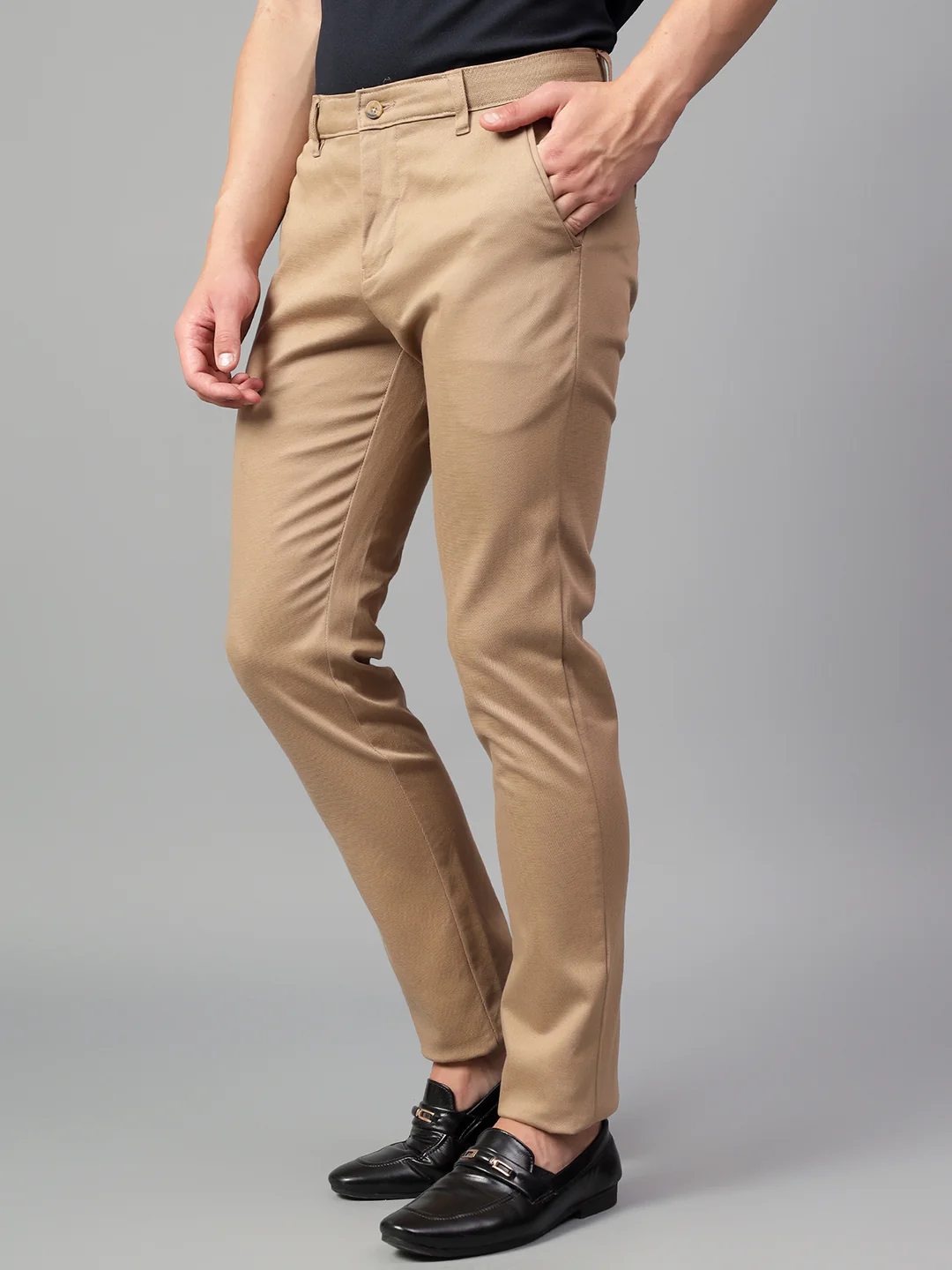 Casual Trouser for Men | Breathable & Soft with Color Fastness Regular Fit Cotton Blend Fabric Self Design Pattern Button Closure - Image 4
