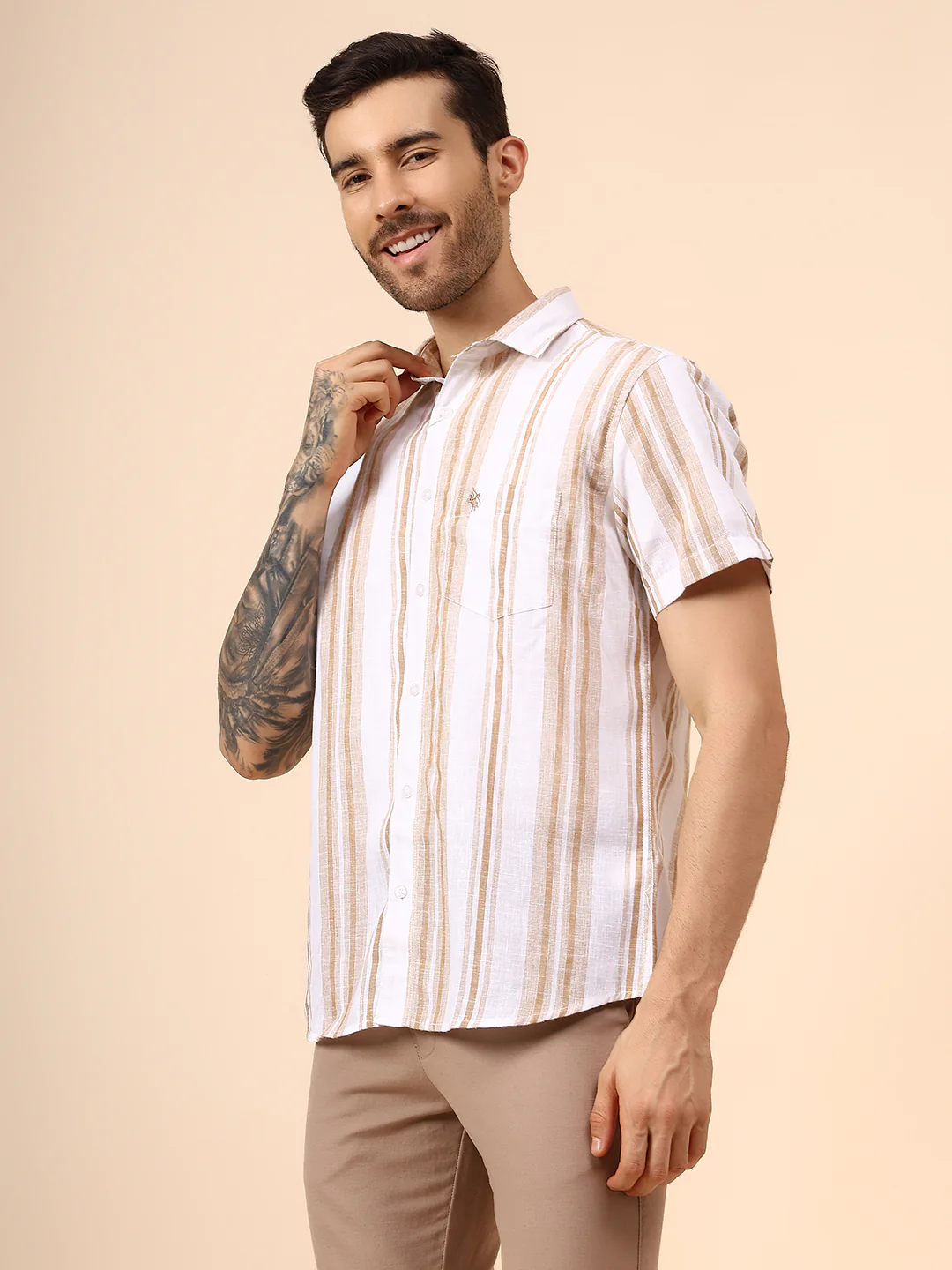 Casual Shirt for Men | Breathable & Soft with Color Fastness Regular Fit Spread Collar Neck Poly Cotton Fabric Striped Pattern - Image 3