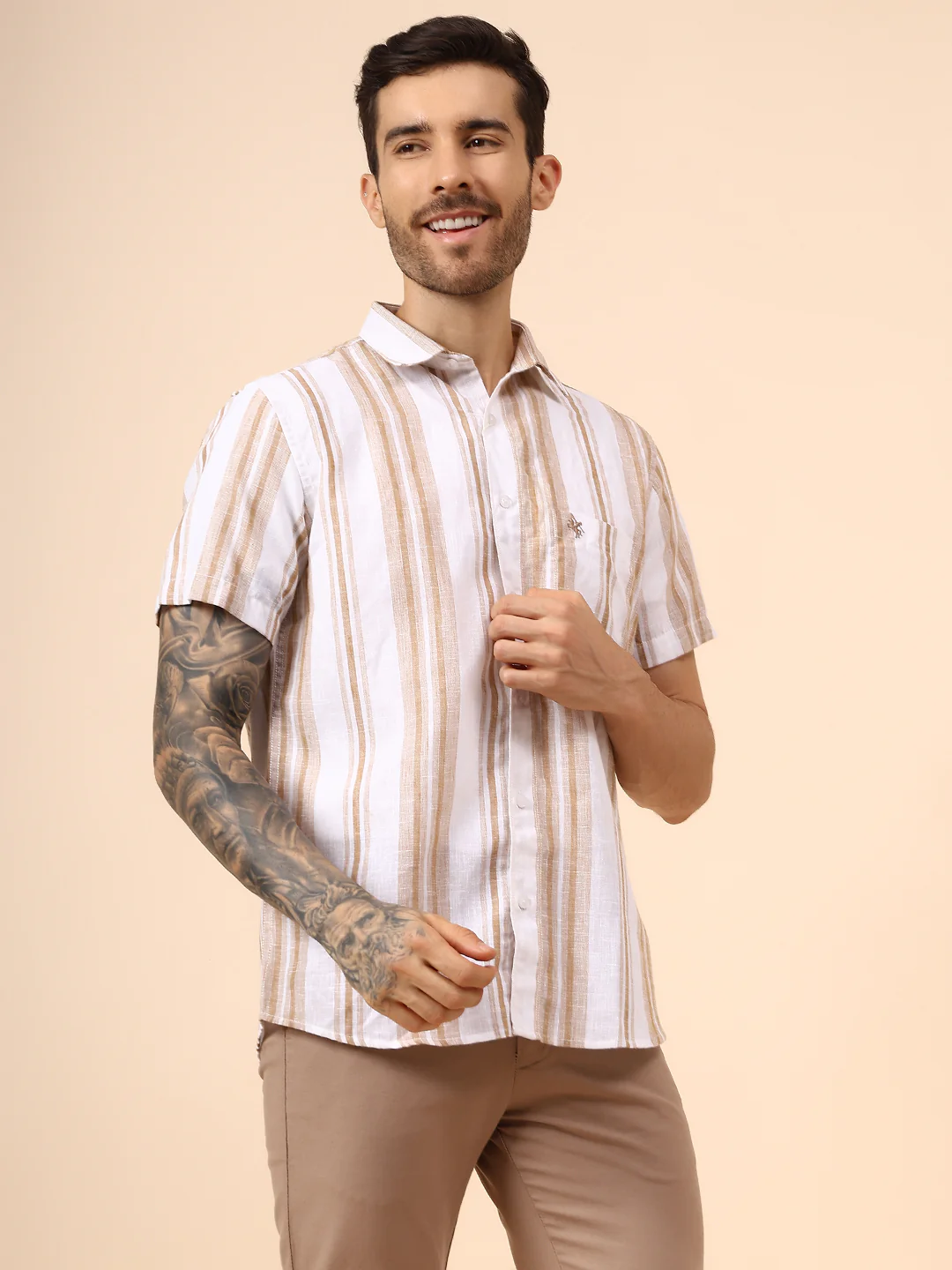 Casual Shirt for Men | Breathable & Soft with Color Fastness Regular Fit Spread Collar Neck Poly Cotton Fabric Striped Pattern - Image 4