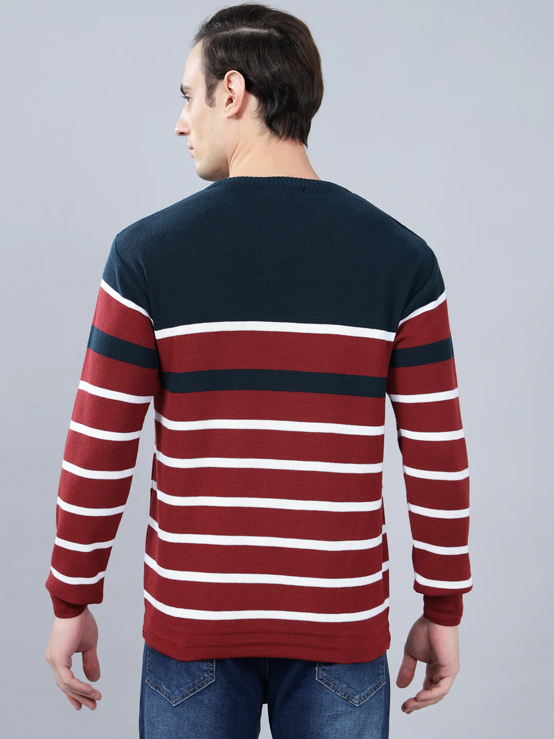 Men's Maroon Striped Full Sleeve Sweater - Image 2