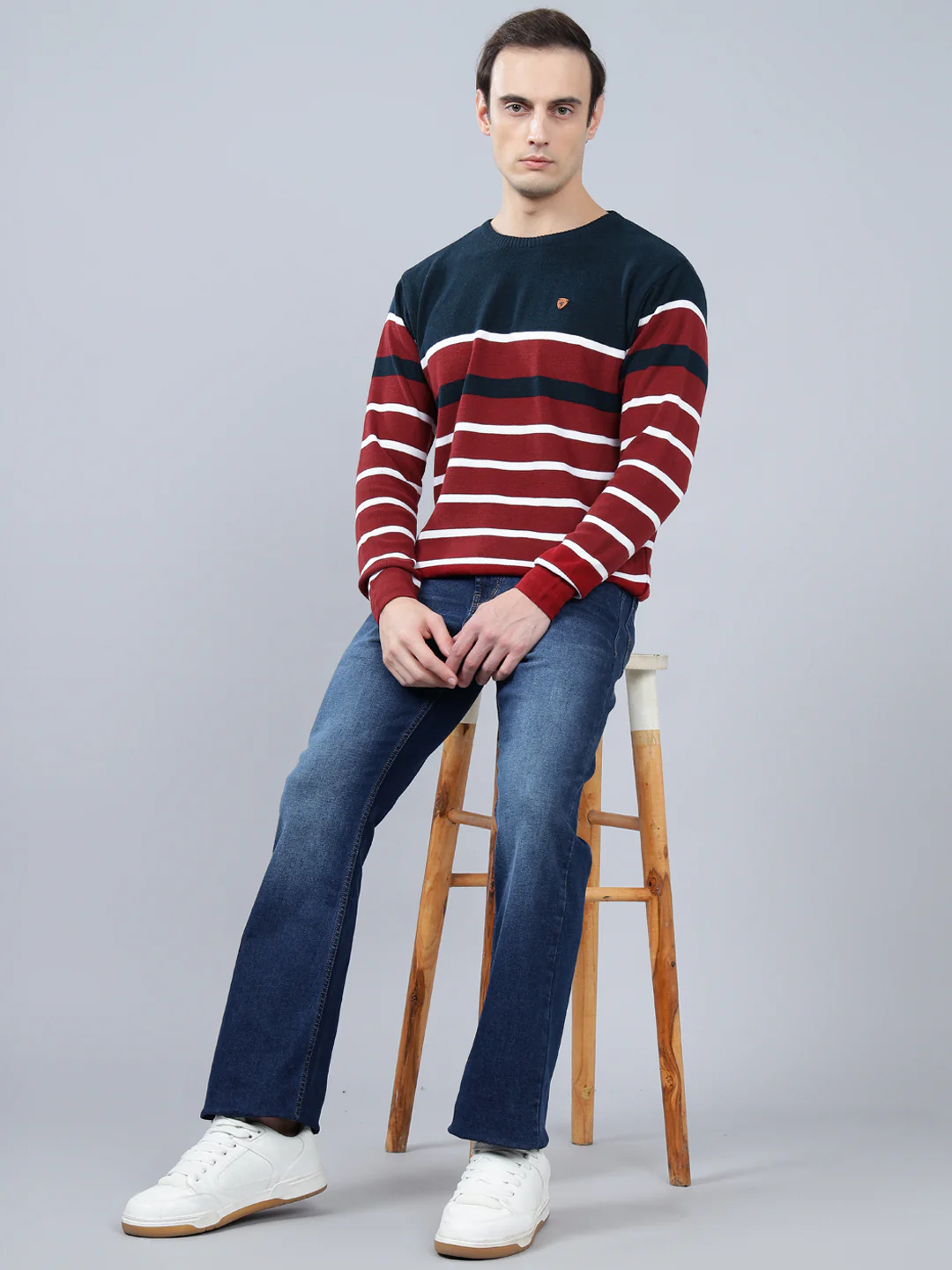 Men's Maroon Striped Full Sleeve Sweater - Image 3