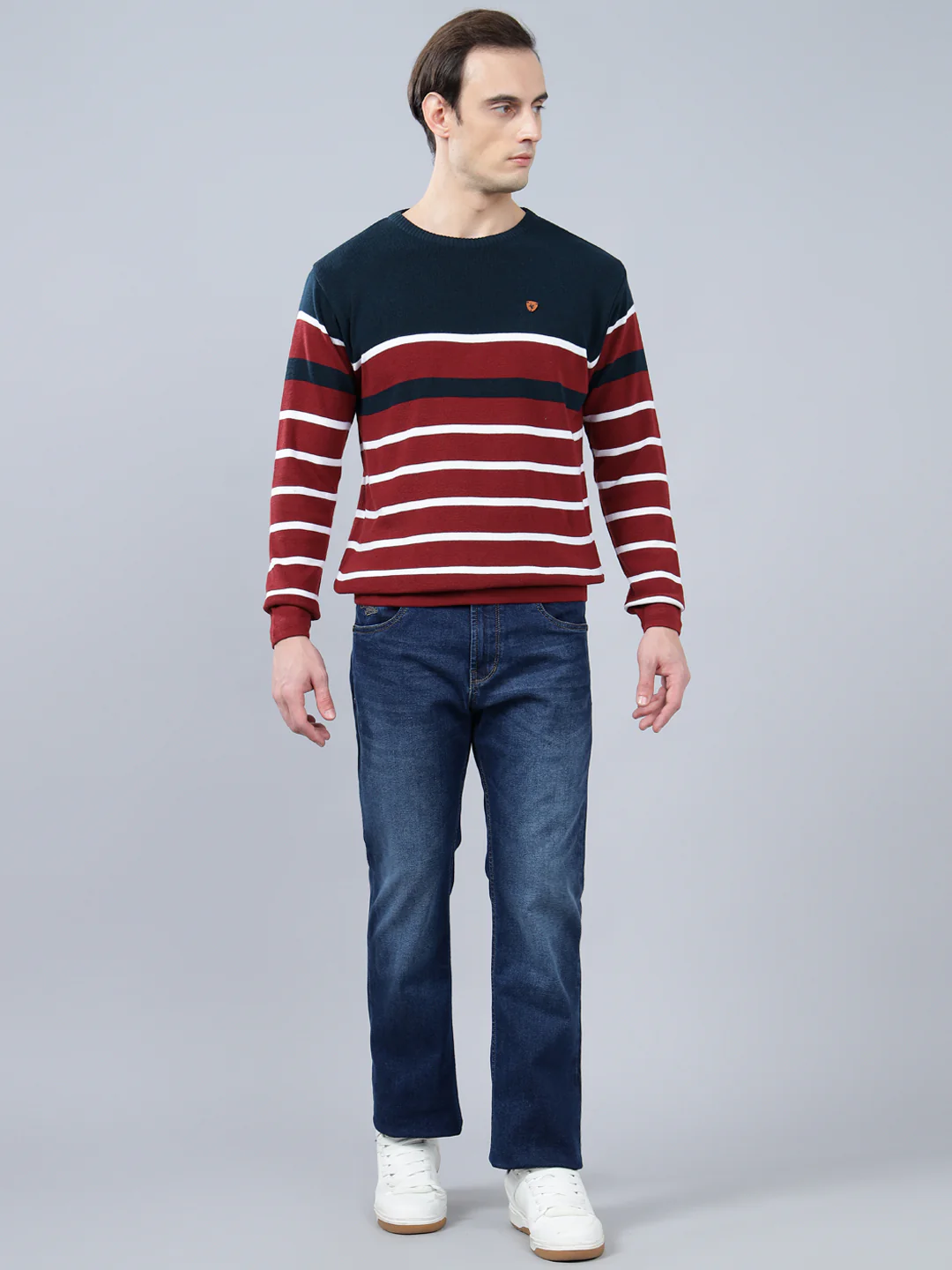 Men's Maroon Striped Full Sleeve Sweater - Image 4