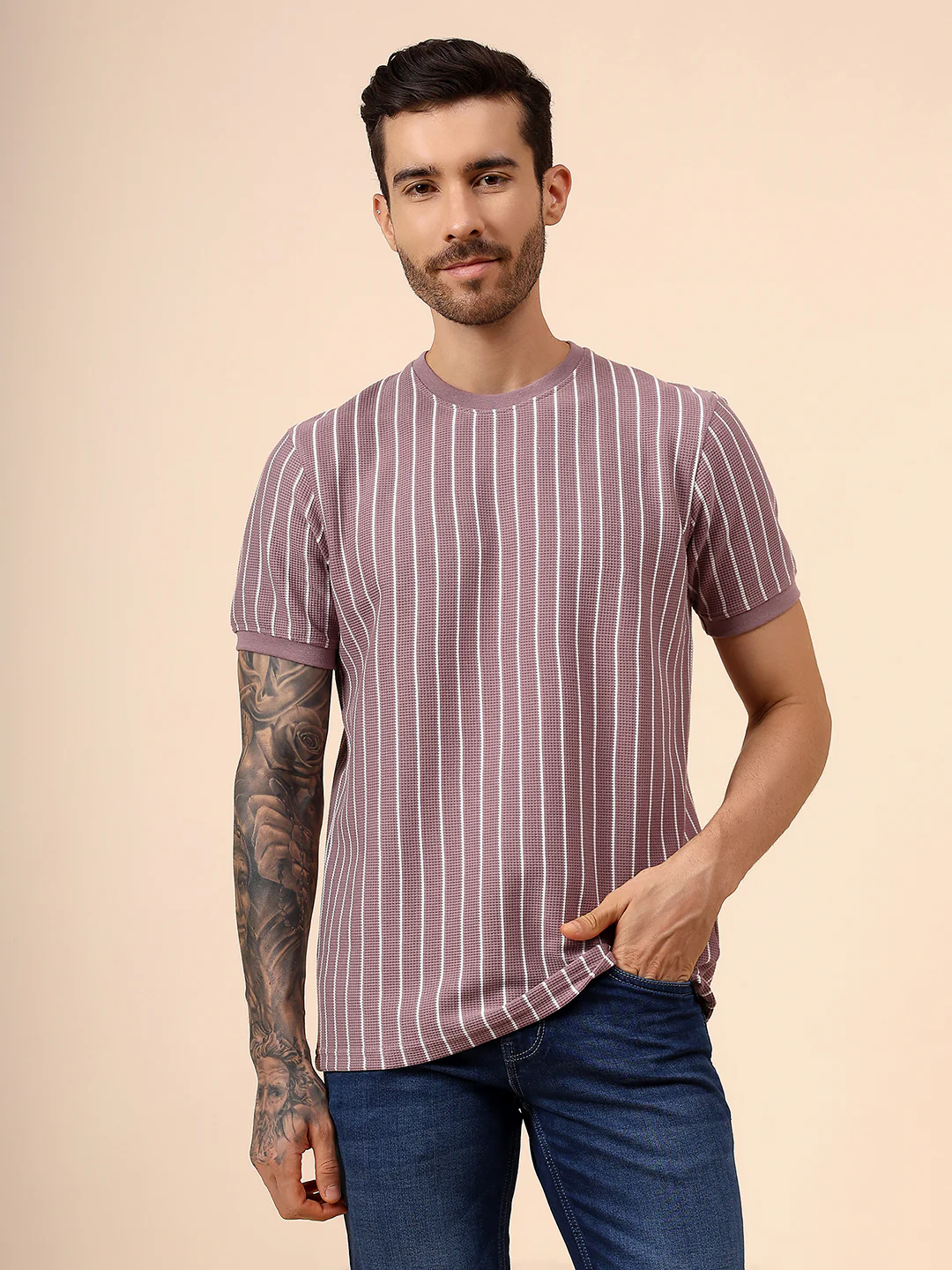 T-Shirt for Men | Breathable & Soft with Color Fastness Regular Fit Round Neck Poly Cotton Fabric Striped Pattern - Image 2