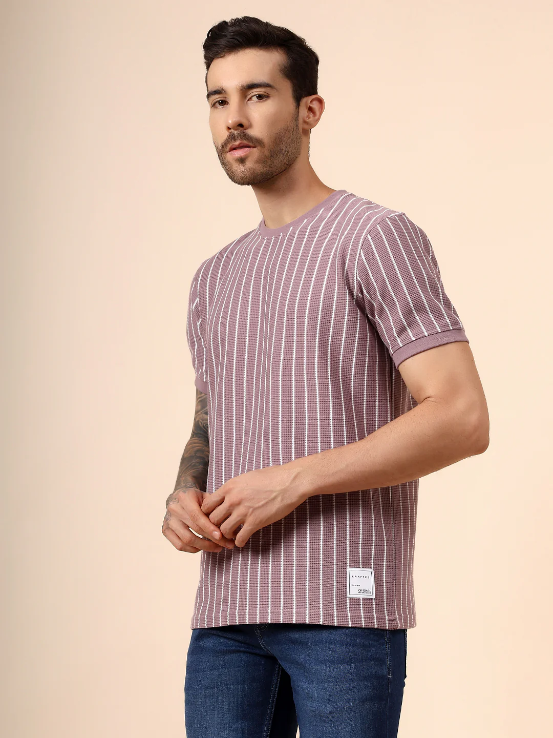 T-Shirt for Men | Breathable & Soft with Color Fastness Regular Fit Round Neck Poly Cotton Fabric Striped Pattern - Image 3