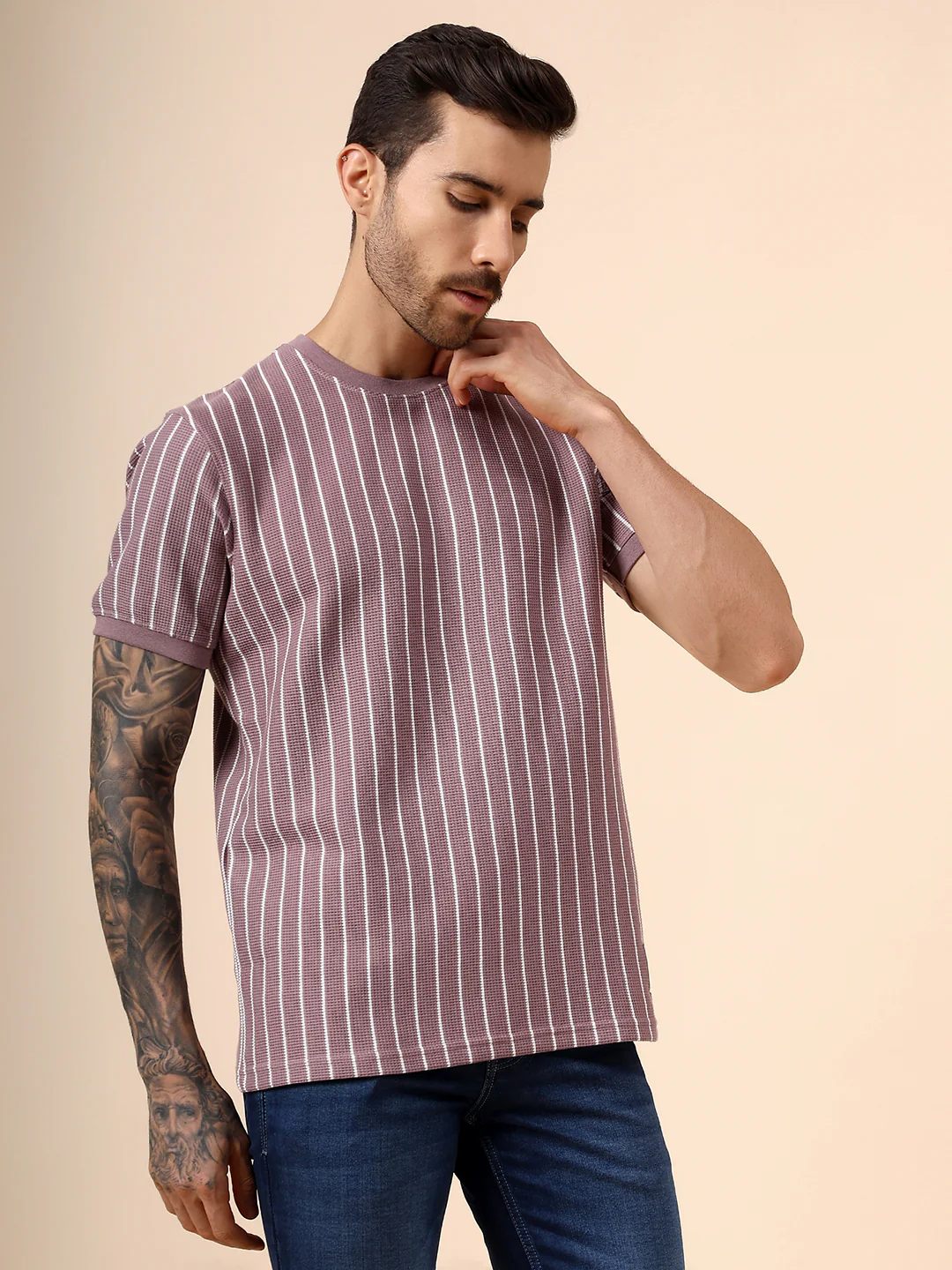 T-Shirt for Men | Breathable & Soft with Color Fastness Regular Fit Round Neck Poly Cotton Fabric Striped Pattern - Image 4