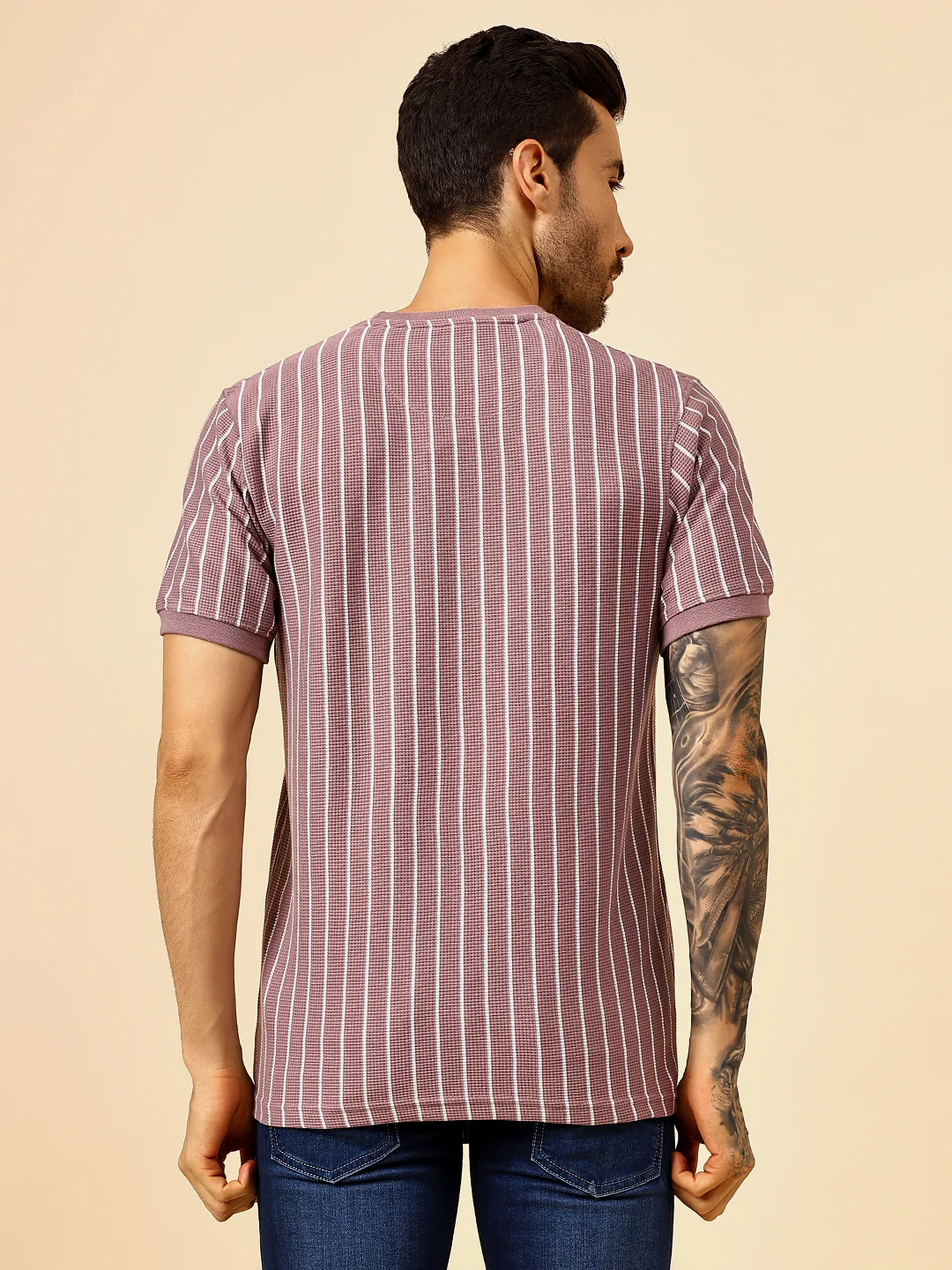 T-Shirt for Men | Breathable & Soft with Color Fastness Regular Fit Round Neck Poly Cotton Fabric Striped Pattern - Image 5