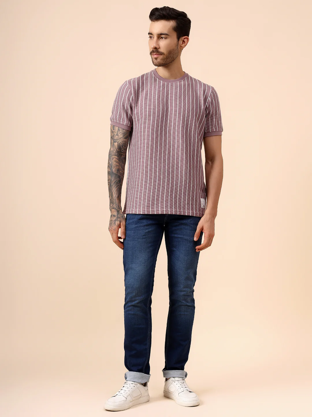 T-Shirt for Men | Breathable & Soft with Color Fastness Regular Fit Round Neck Poly Cotton Fabric Striped Pattern - Image 7