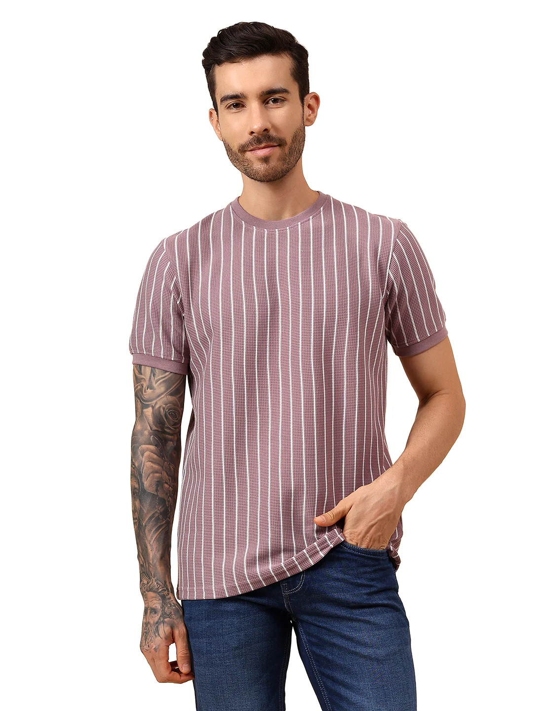 T-Shirt for Men | Breathable & Soft with Color Fastness Regular Fit Round Neck Poly Cotton Fabric Striped Pattern - Image 8