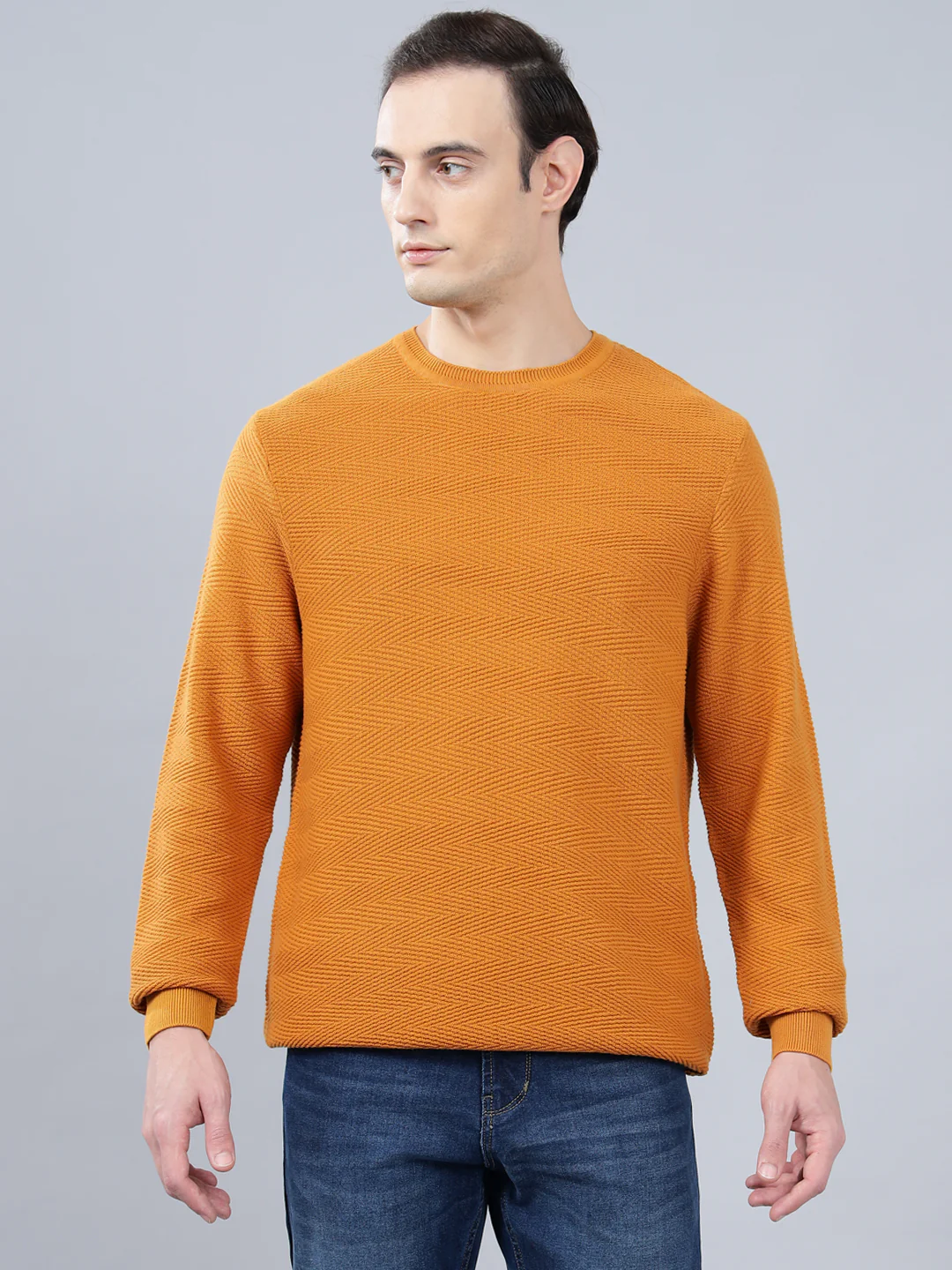 Men's Mustard Self Design Full Sleeve Sweater - Image 2