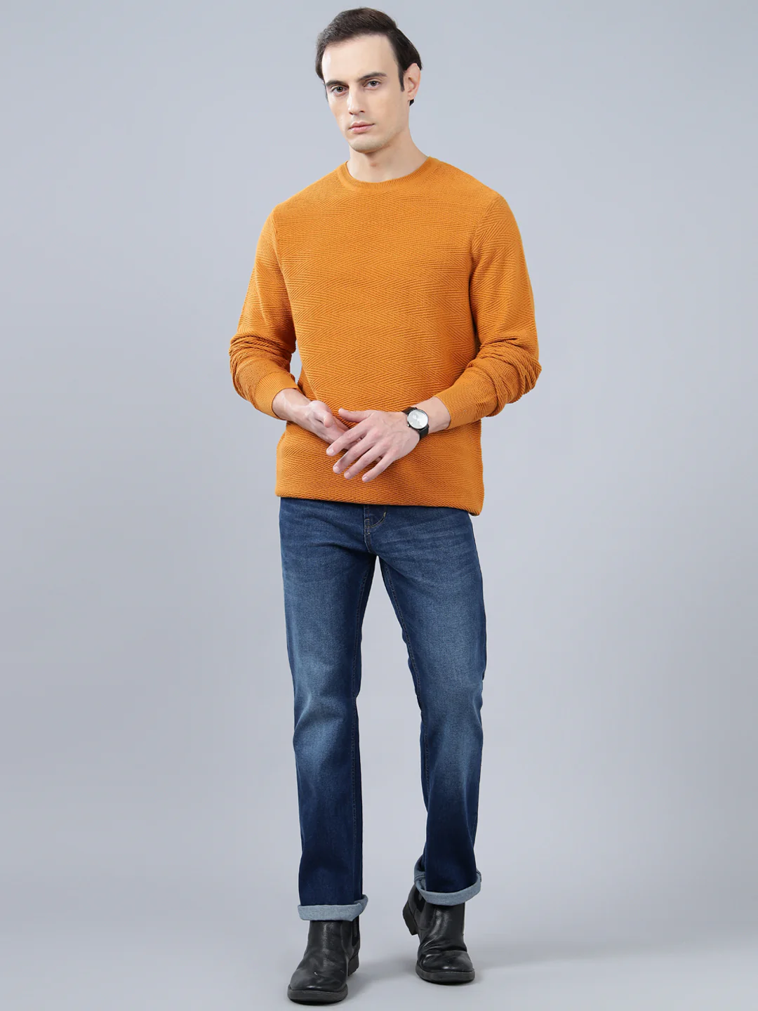 Men's Mustard Self Design Full Sleeve Sweater - Image 3