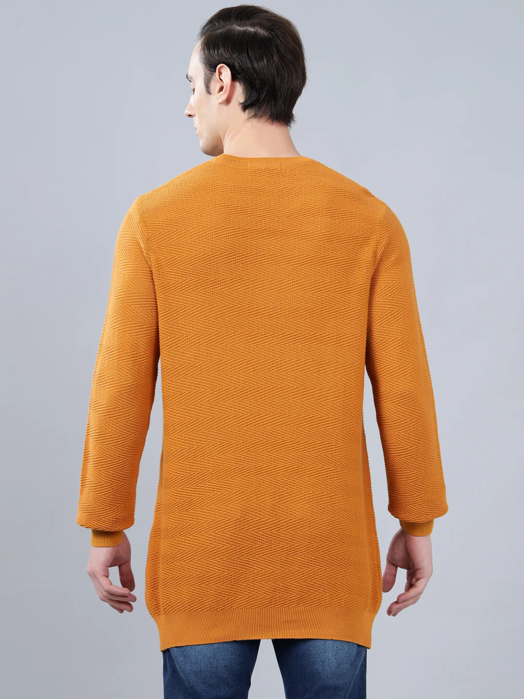Men's Mustard Self Design Full Sleeve Sweater - Image 4