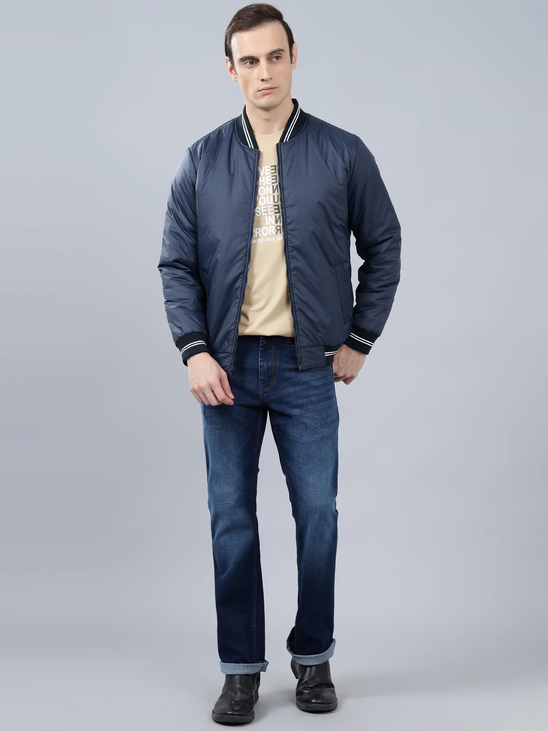 Men's Mustard Solid Mock Neck Reversible Winter Jacket - Image 2