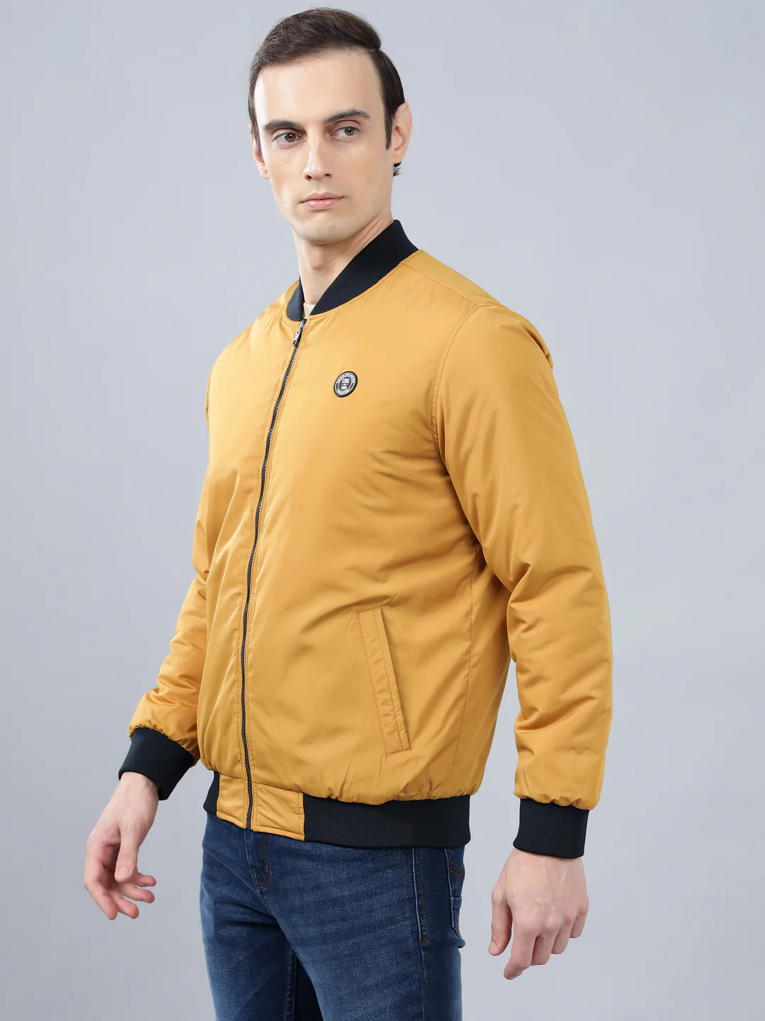Men's Mustard Solid Mock Neck Reversible Winter Jacket - Image 4