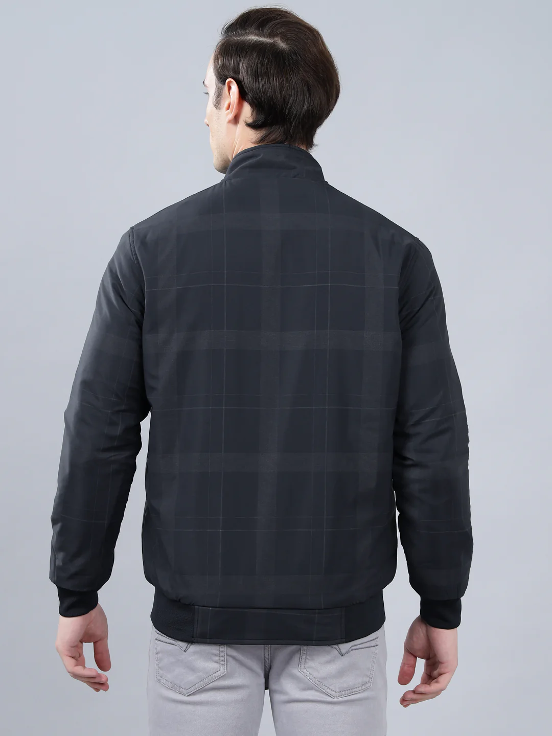 Men's Navy Blue Checked Mock Neck Reversible Winter Jacket - Image 2