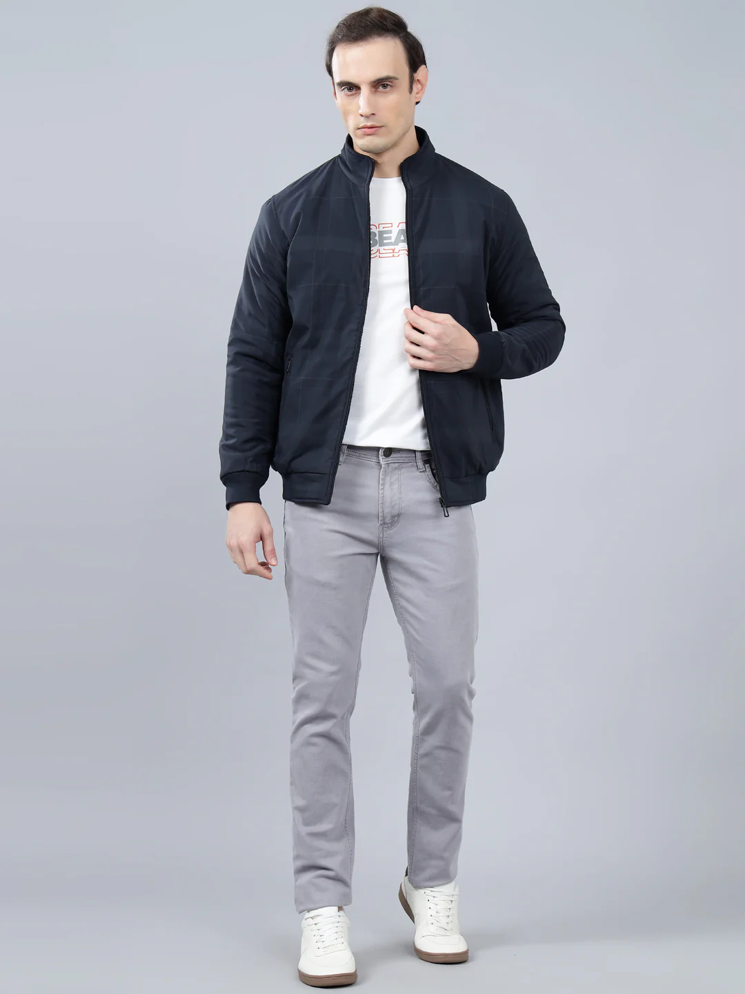 Men's Navy Blue Checked Mock Neck Reversible Winter Jacket - Image 3