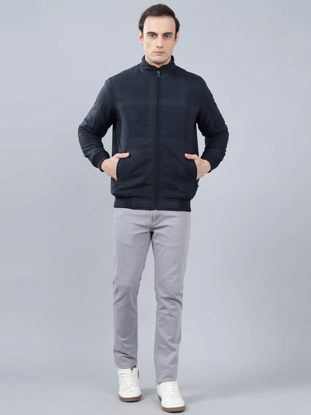 Men's Navy Blue Checked Mock Neck Reversible Winter Jacket - Image 4