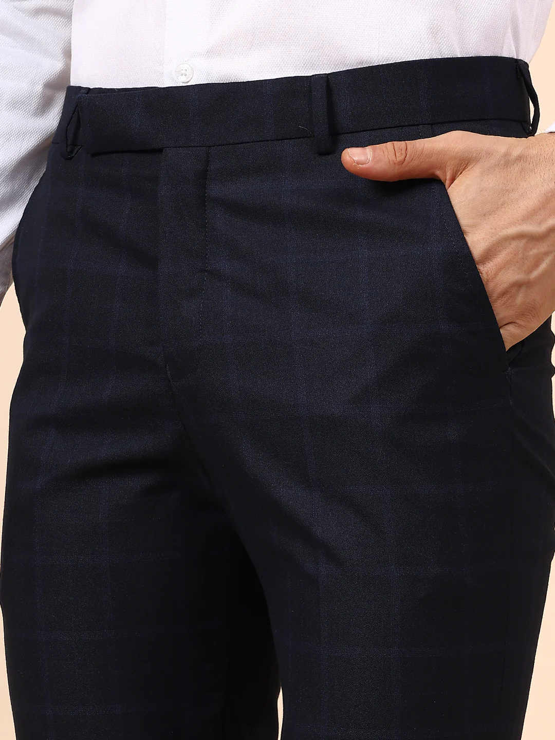 Men's Navy Blue Checkered Non Plated Regular Fit Formal Trouser - Image 6