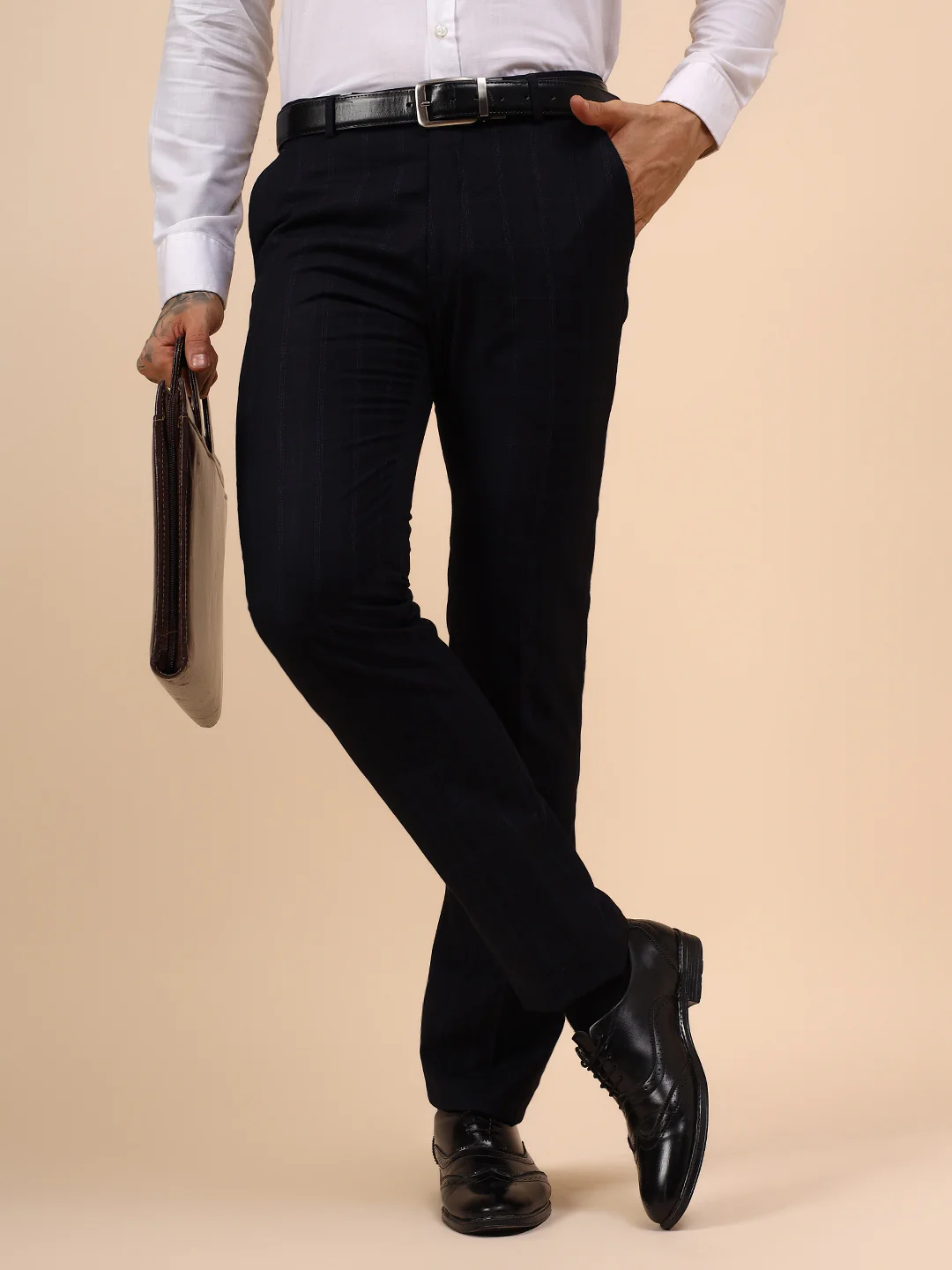Men's Navy Blue Checkered Non Plated Regular Fit Formal Trouser - Image 2