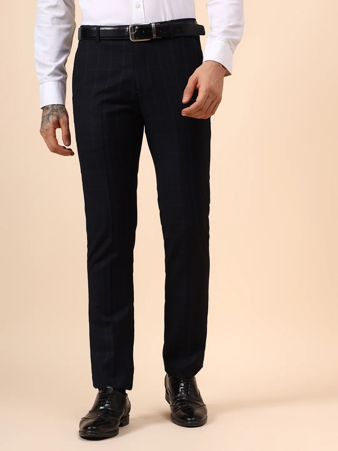 Men's Navy Blue Checkered Non Plated Regular Fit Formal Trouser - Image 3