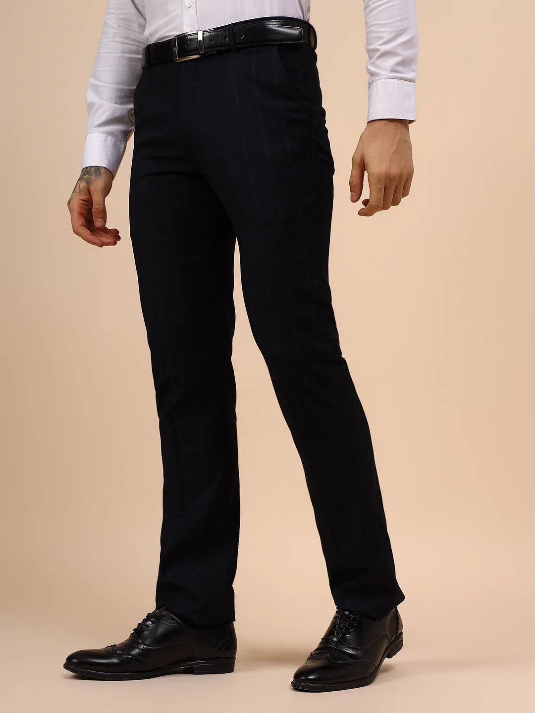 Men's Navy Blue Checkered Non Plated Regular Fit Formal Trouser - Image 4
