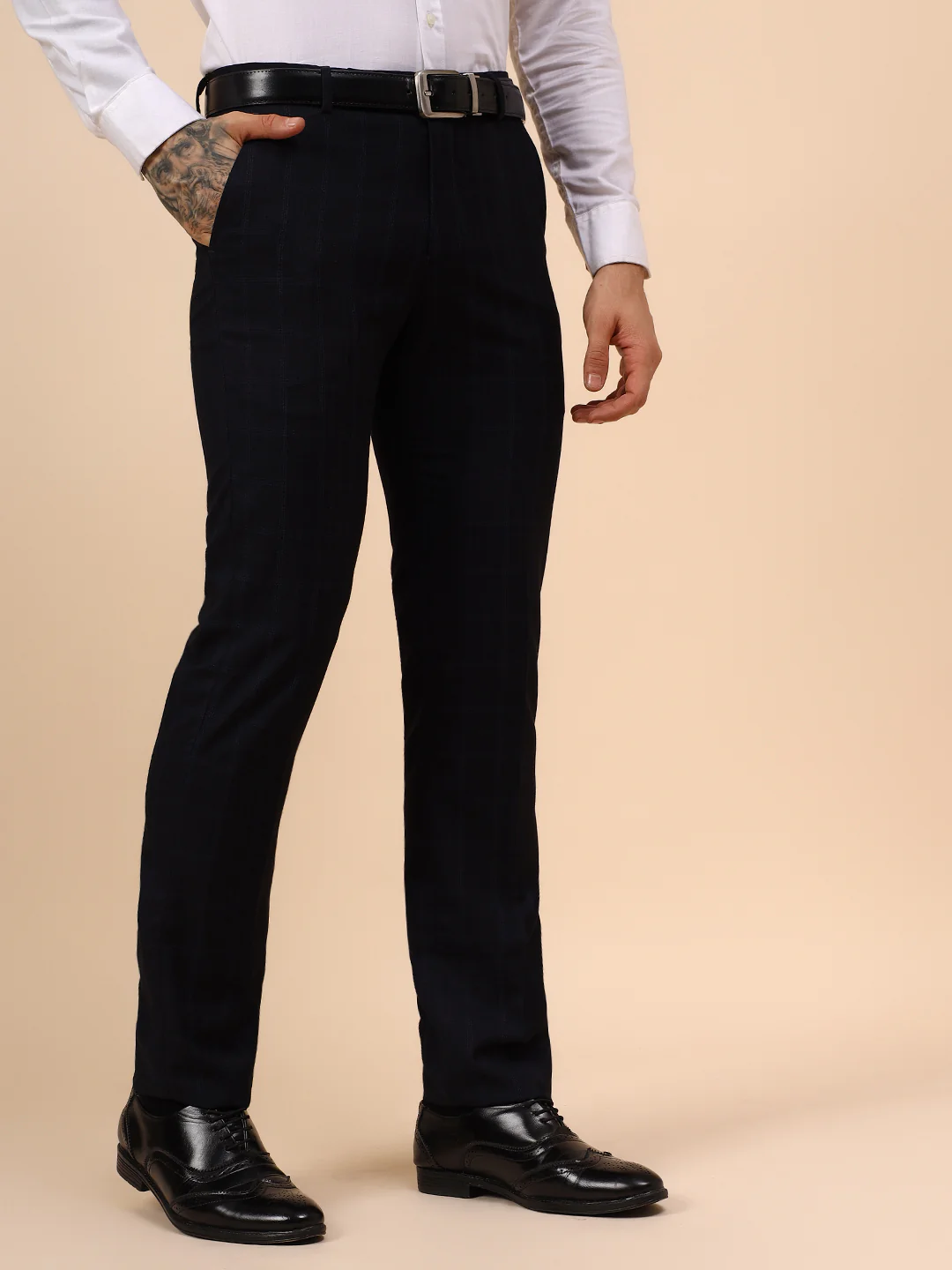 Men's Navy Blue Checkered Non Plated Regular Fit Formal Trouser - Image 5