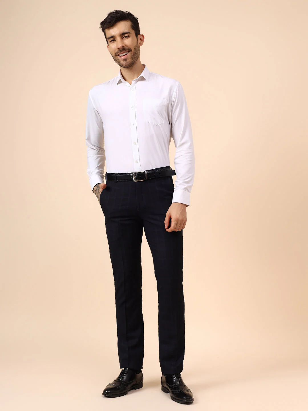 Men's Navy Blue Checkered Non Plated Regular Fit Formal Trouser - Image 7