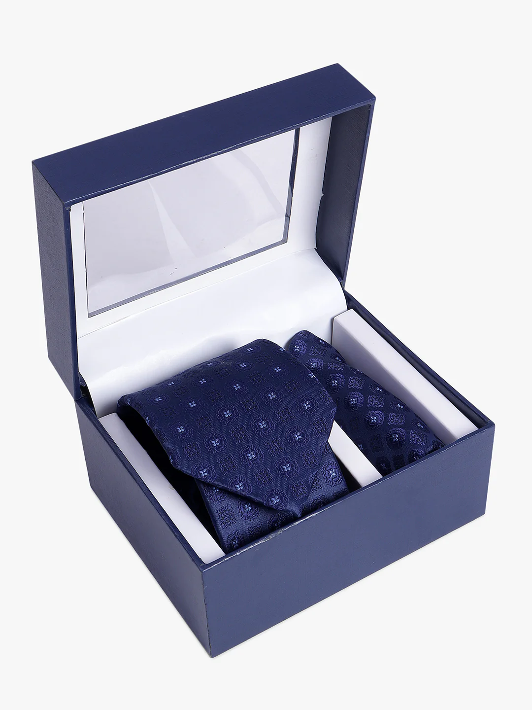 Men's Navy Blue Printed Tie With Pocket Square Set - Image 2