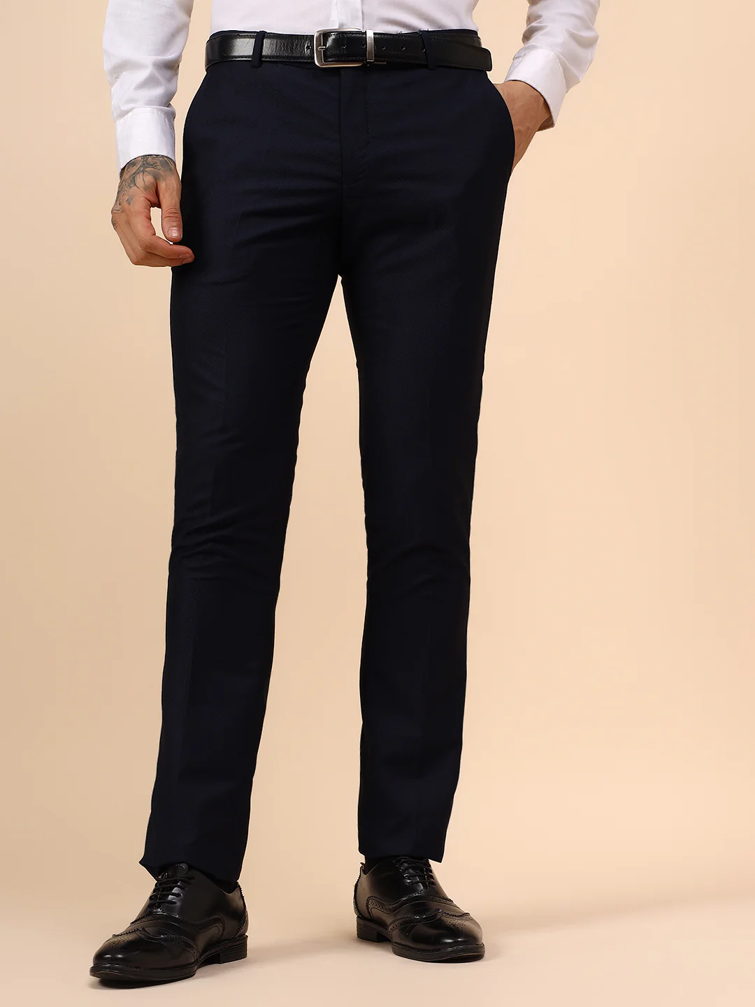 Men's Navy Blue Self Design Non Plated Regular Fit Formal Trouser - Image 2