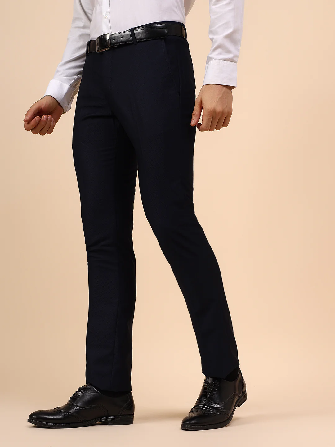 Men's Navy Blue Self Design Non Plated Regular Fit Formal Trouser - Image 3