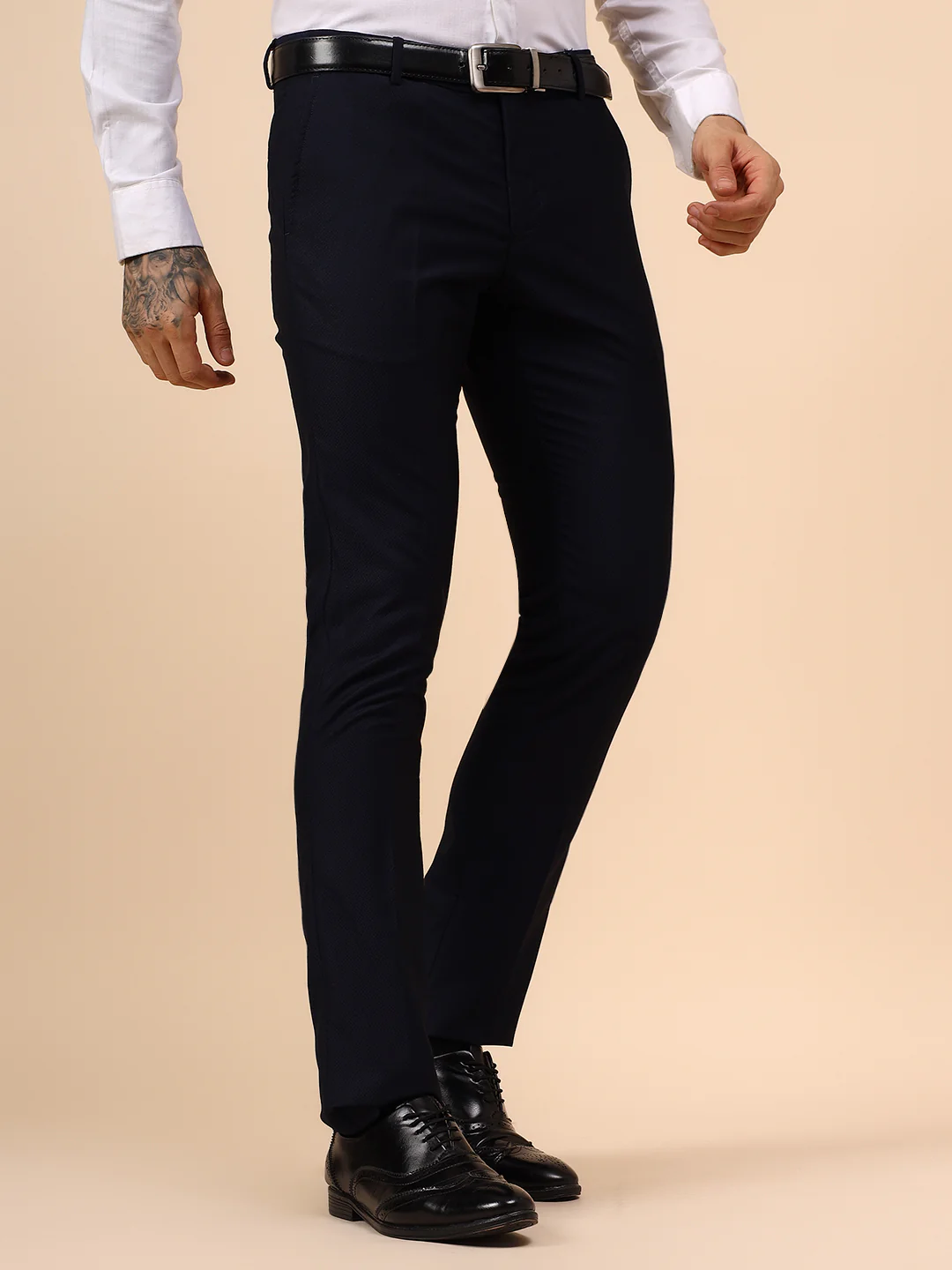 Men's Navy Blue Self Design Non Plated Regular Fit Formal Trouser - Image 4