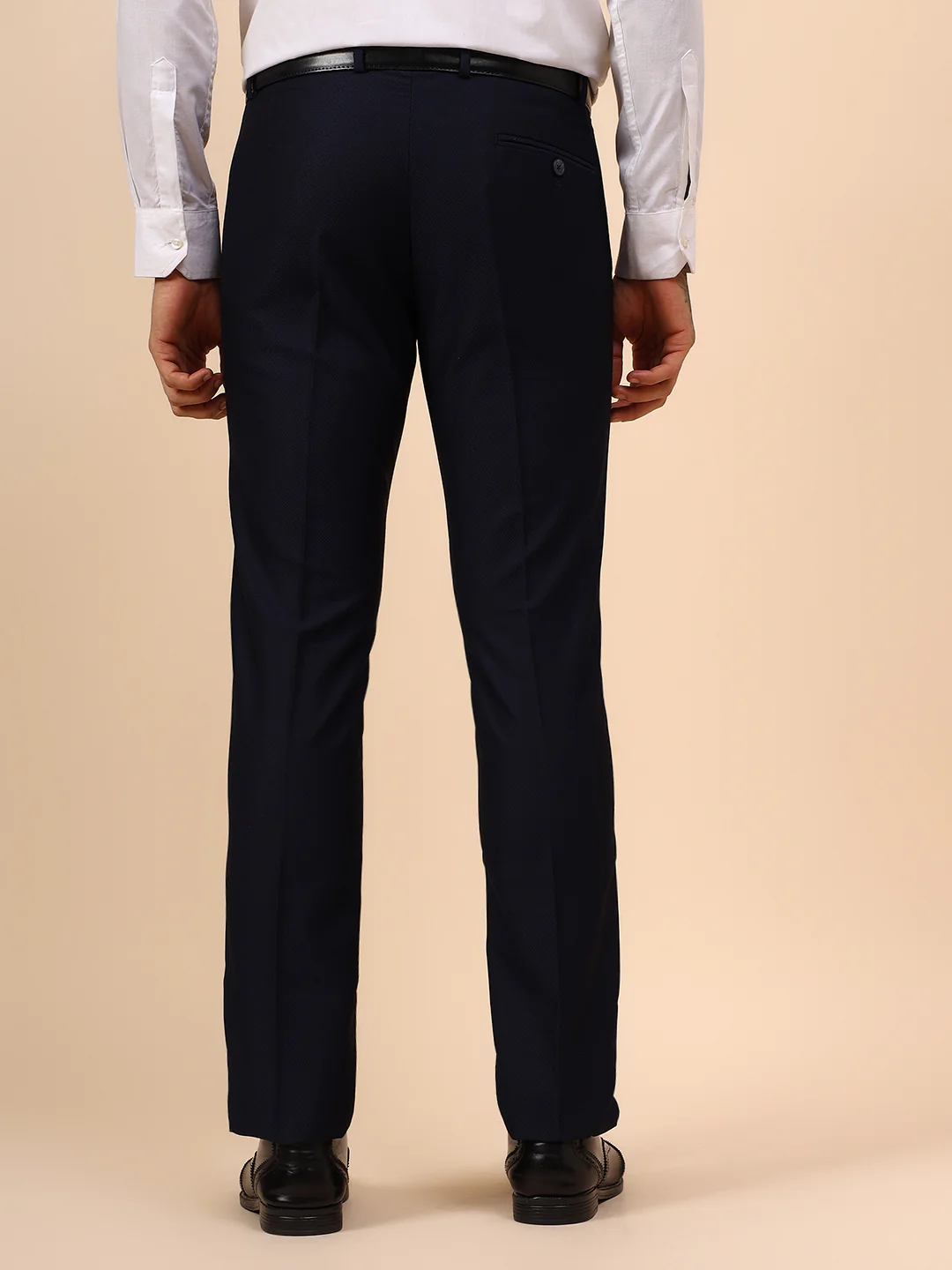 Men's Navy Blue Self Design Non Plated Regular Fit Formal Trouser - Image 5