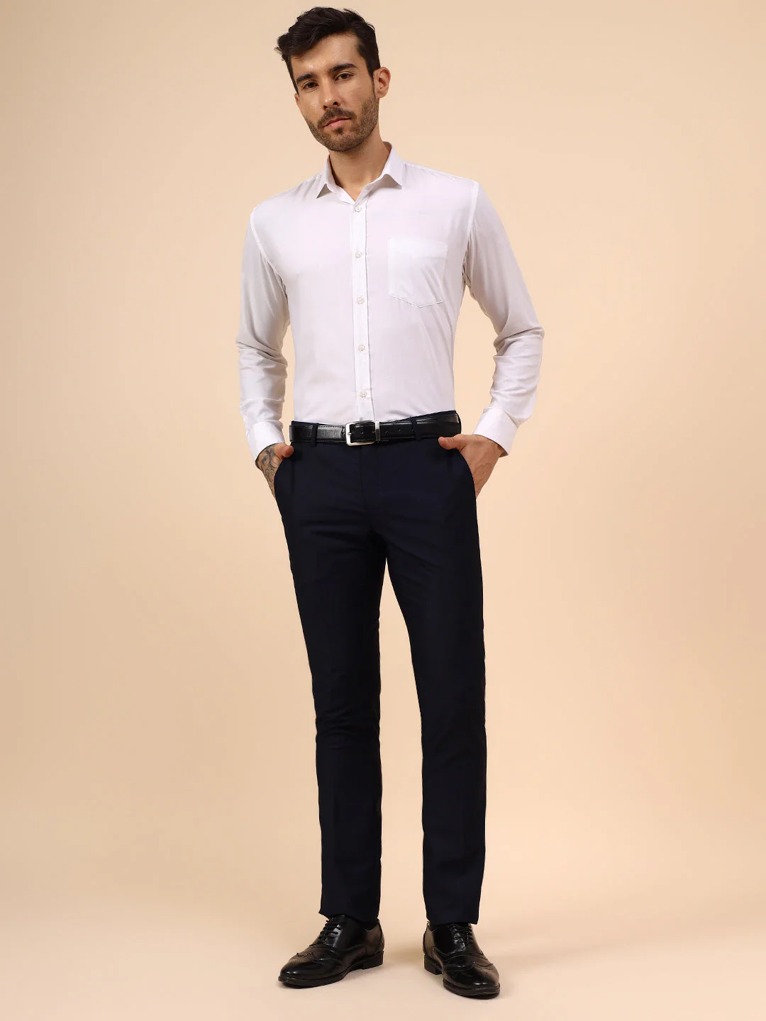 Men's Navy Blue Self Design Non Plated Regular Fit Formal Trouser - Image 7