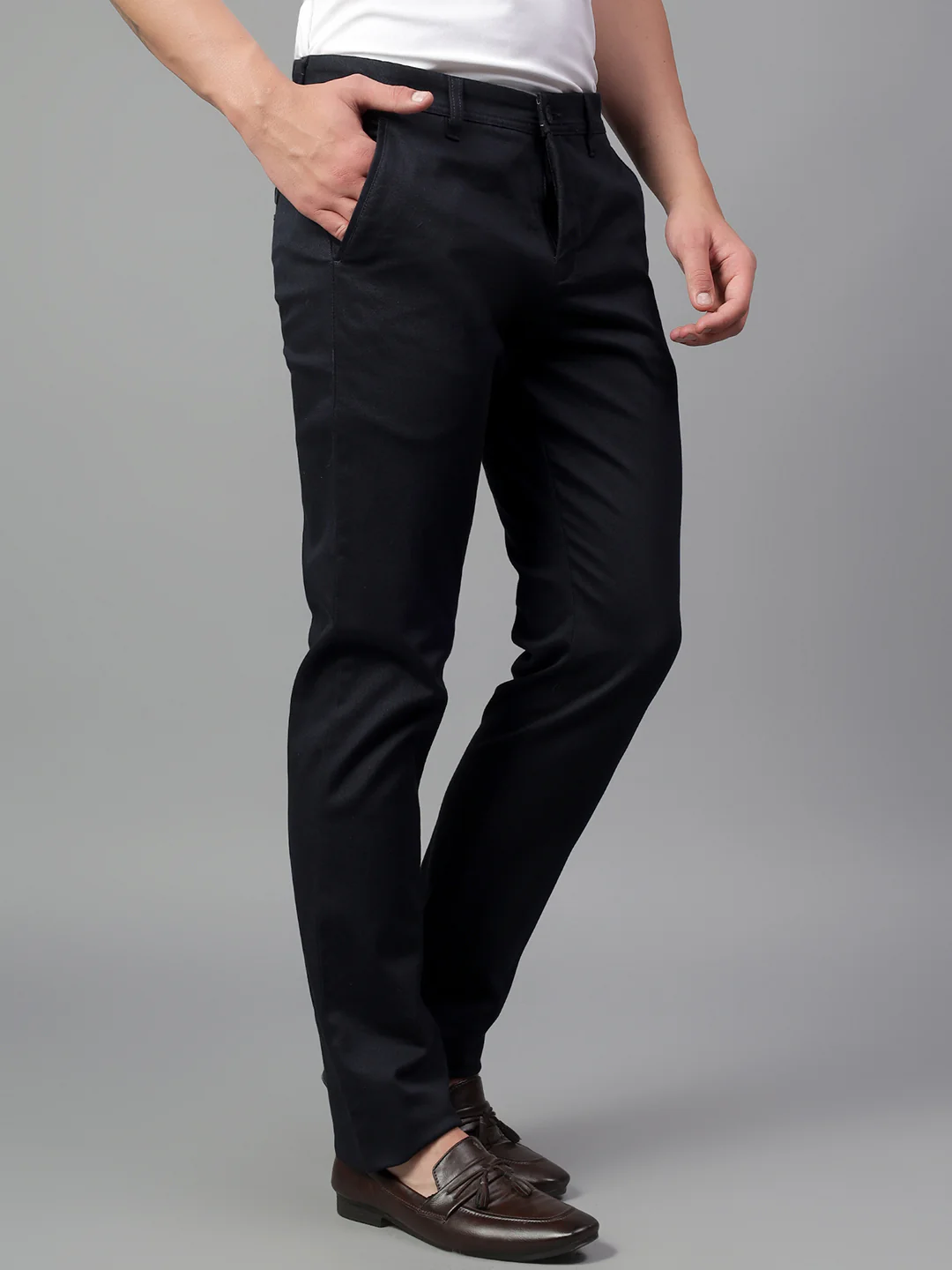 Casual Trouser for Men | Breathable & Soft with Color Fastness Regular Fit Cotton Blend Fabric Self Design Pattern Button Closure - Image 4