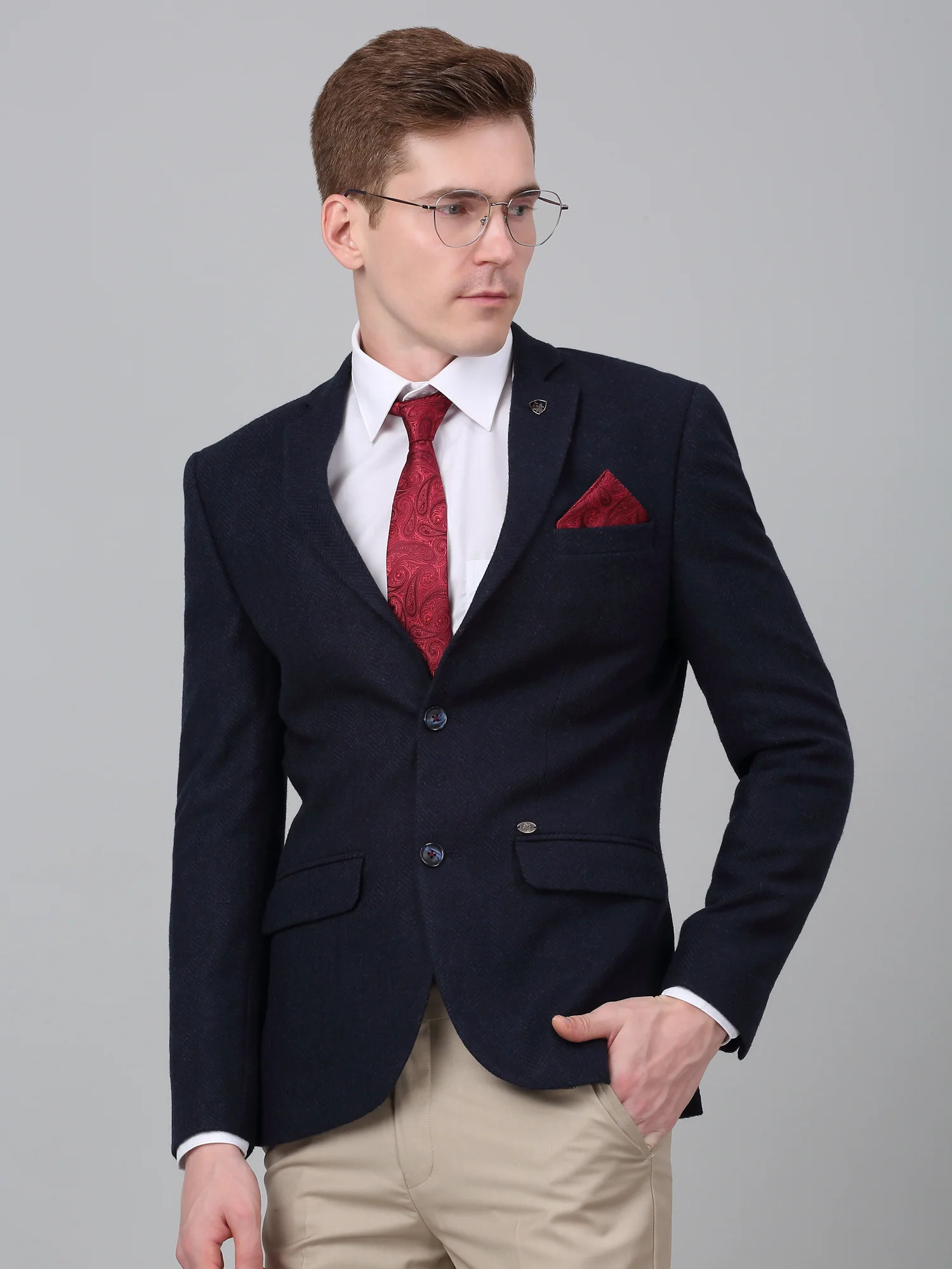 Men’s Navy Blue Self Design Formal Blazer | Cantabil - Image 5