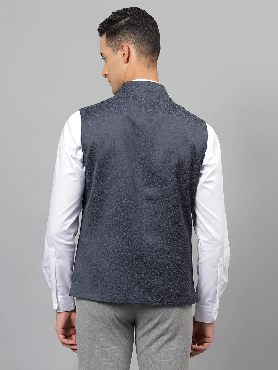 Men's Navy Blue Self Design Partywear Waistcoat - Image 3