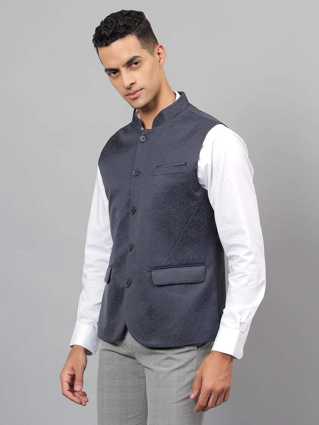 Men's Navy Blue Self Design Partywear Waistcoat - Image 4
