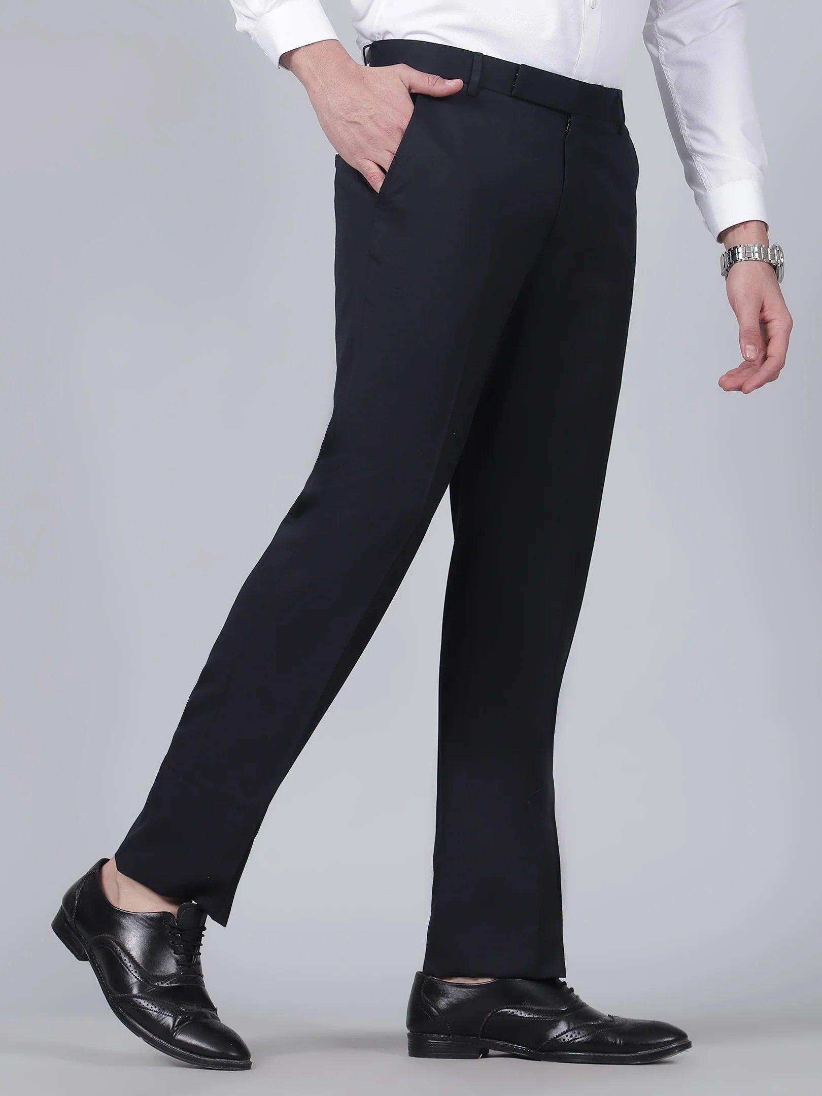 Formal Trouser for Men | Breathable & Soft with Color Fastness Regular Fit Poly Viscose Fabric Self Design Pattern Hook & Eye Closure - Image 4
