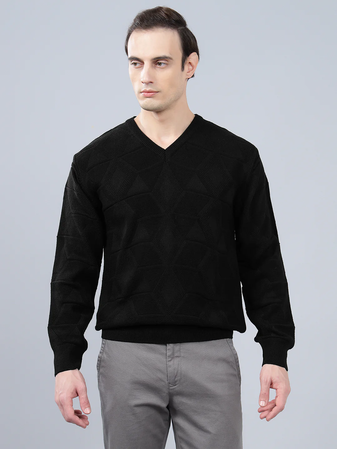 Men's Self Design Black Full Sleeve Sweater - Image 2