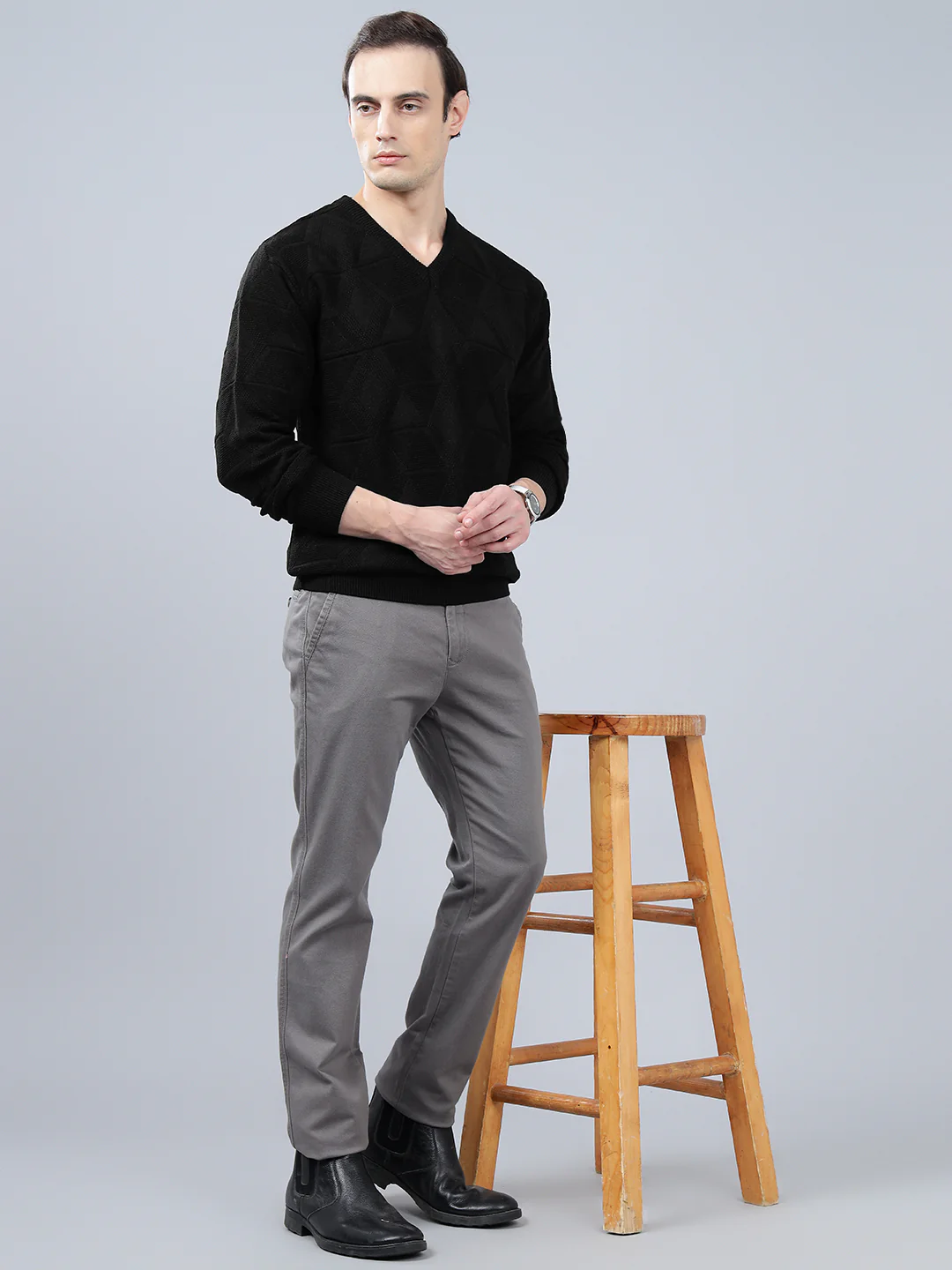 Men's Self Design Black Full Sleeve Sweater - Image 3