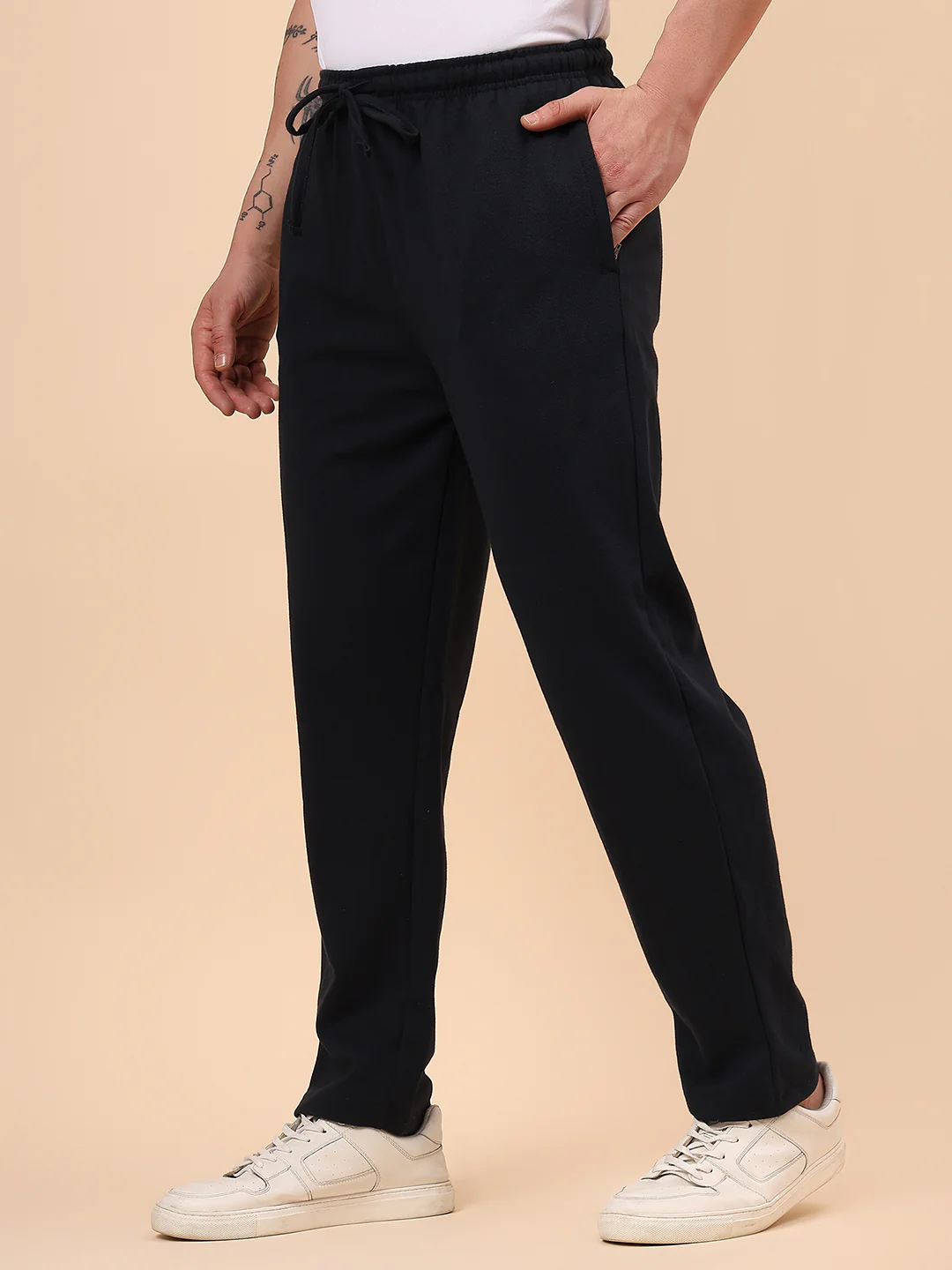 Men's Navy Blue Solid Regular Fit Casual Track Pant - Image 4