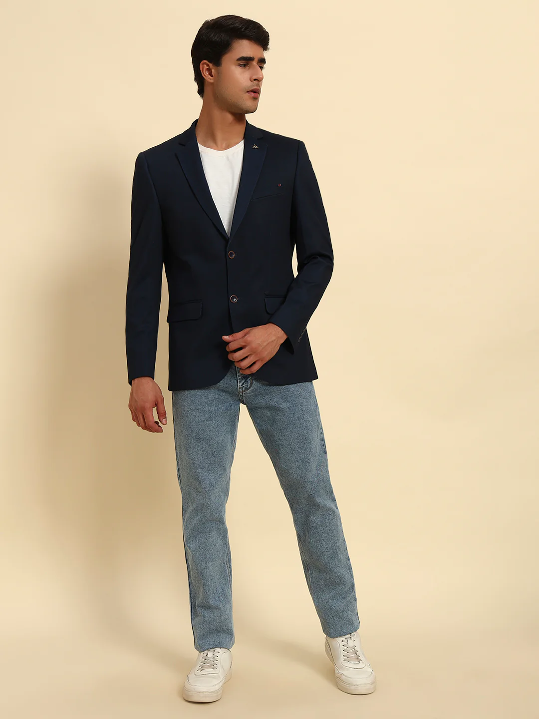 Navy Blue Solid Slim Fit Summer Coat for Men | Cantabil - Image 4