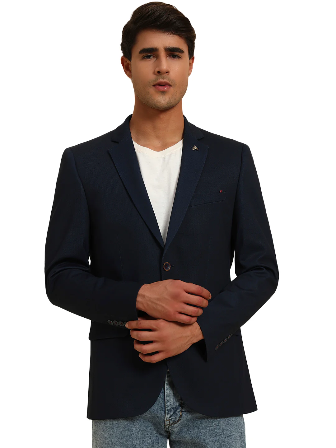 Navy Blue Solid Slim Fit Summer Coat for Men | Cantabil - Image 5