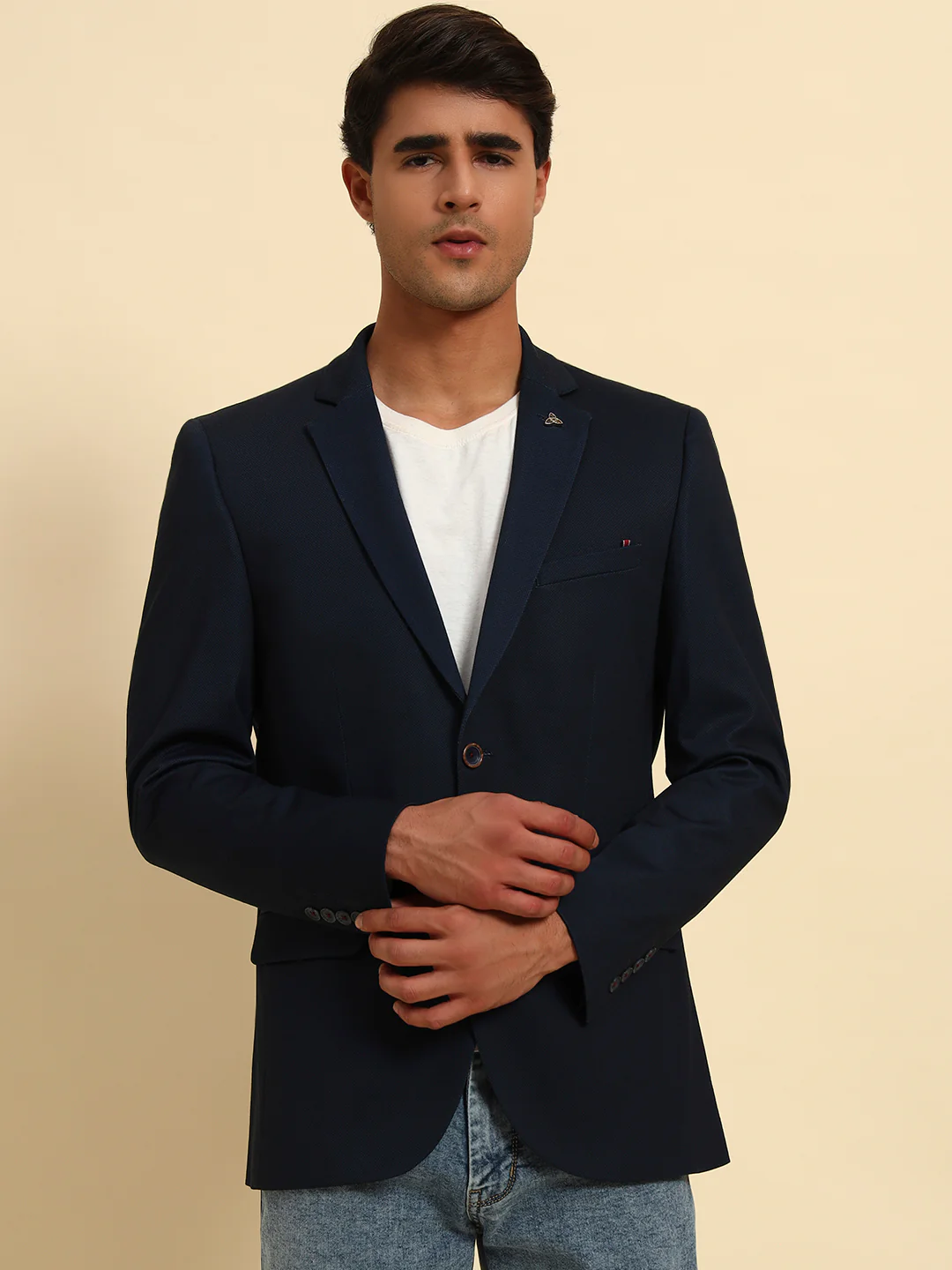 Navy Blue Solid Slim Fit Summer Coat for Men | Cantabil - Image 6