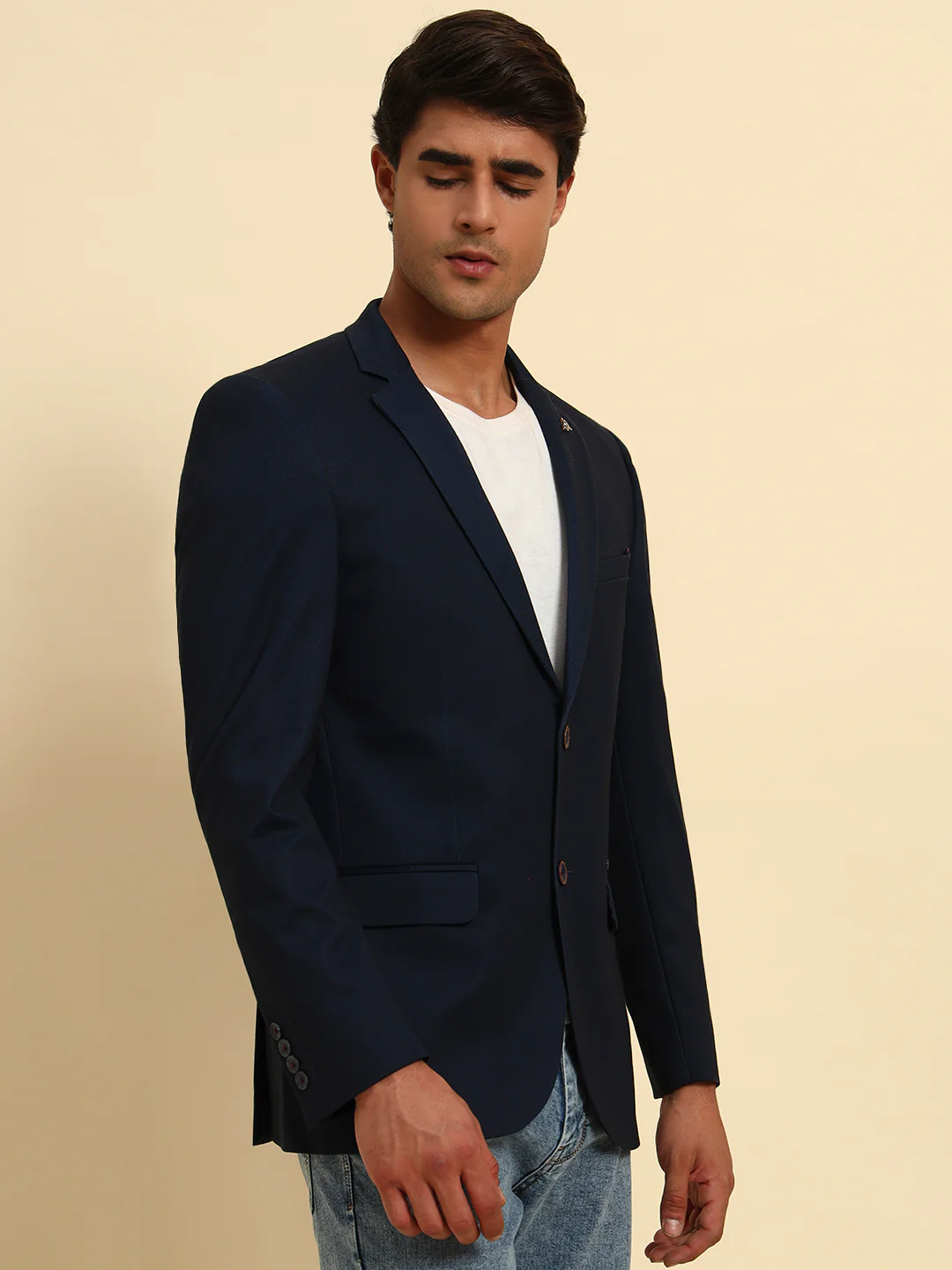Navy Blue Solid Slim Fit Summer Coat for Men | Cantabil - Image 7