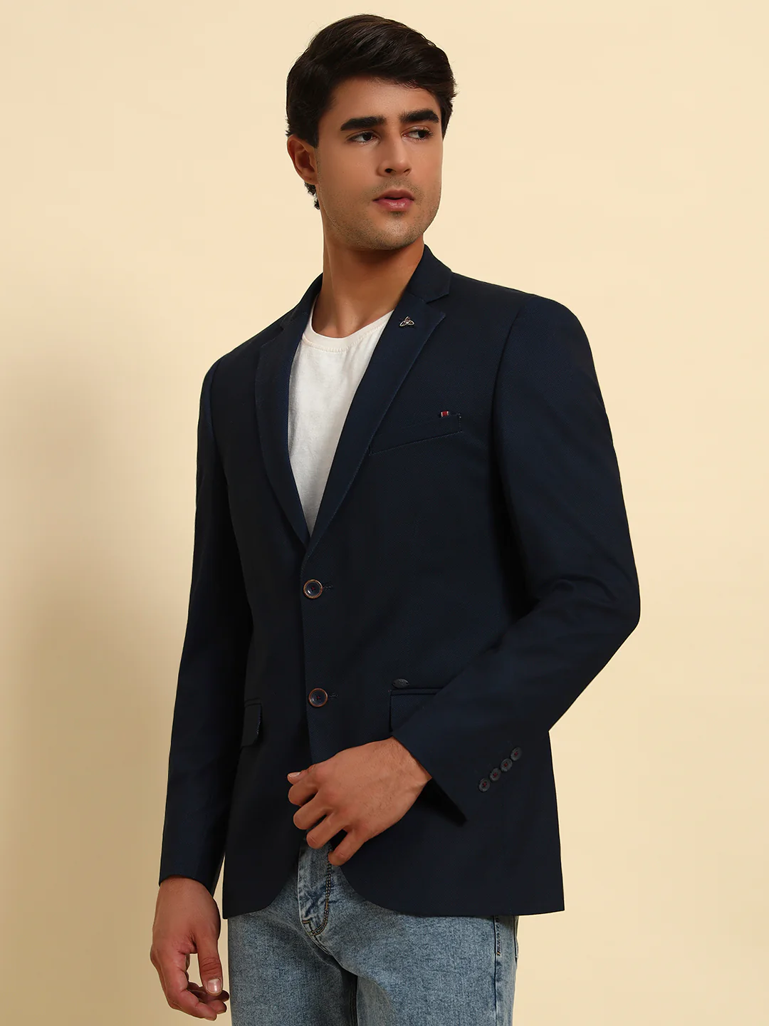 Navy Blue Solid Slim Fit Summer Coat for Men | Cantabil - Image 8