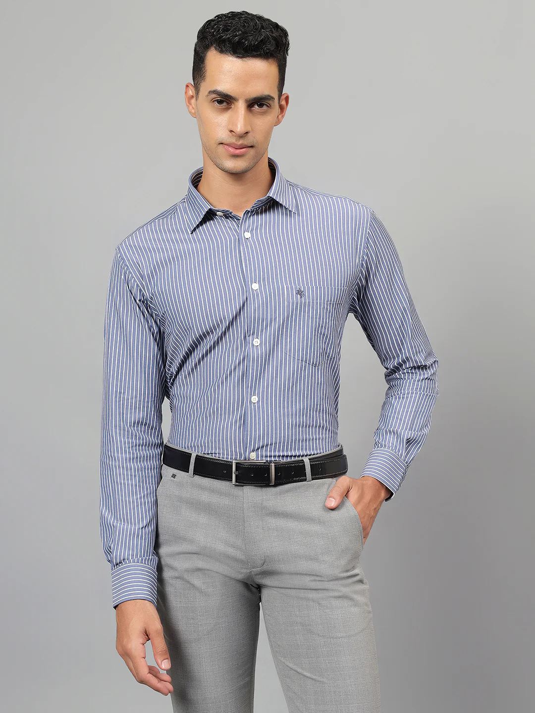 Men's Navy Blue Striped Formal Full Sleeves Shirt - Image 2